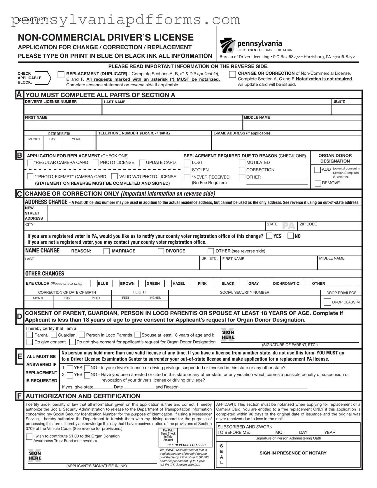 Dl 80 Pennsylvania Form