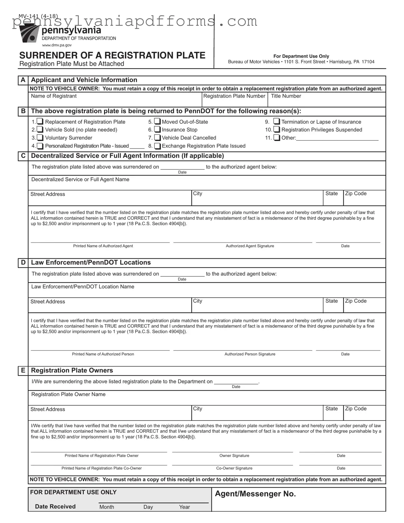 Pa Mv141 Form