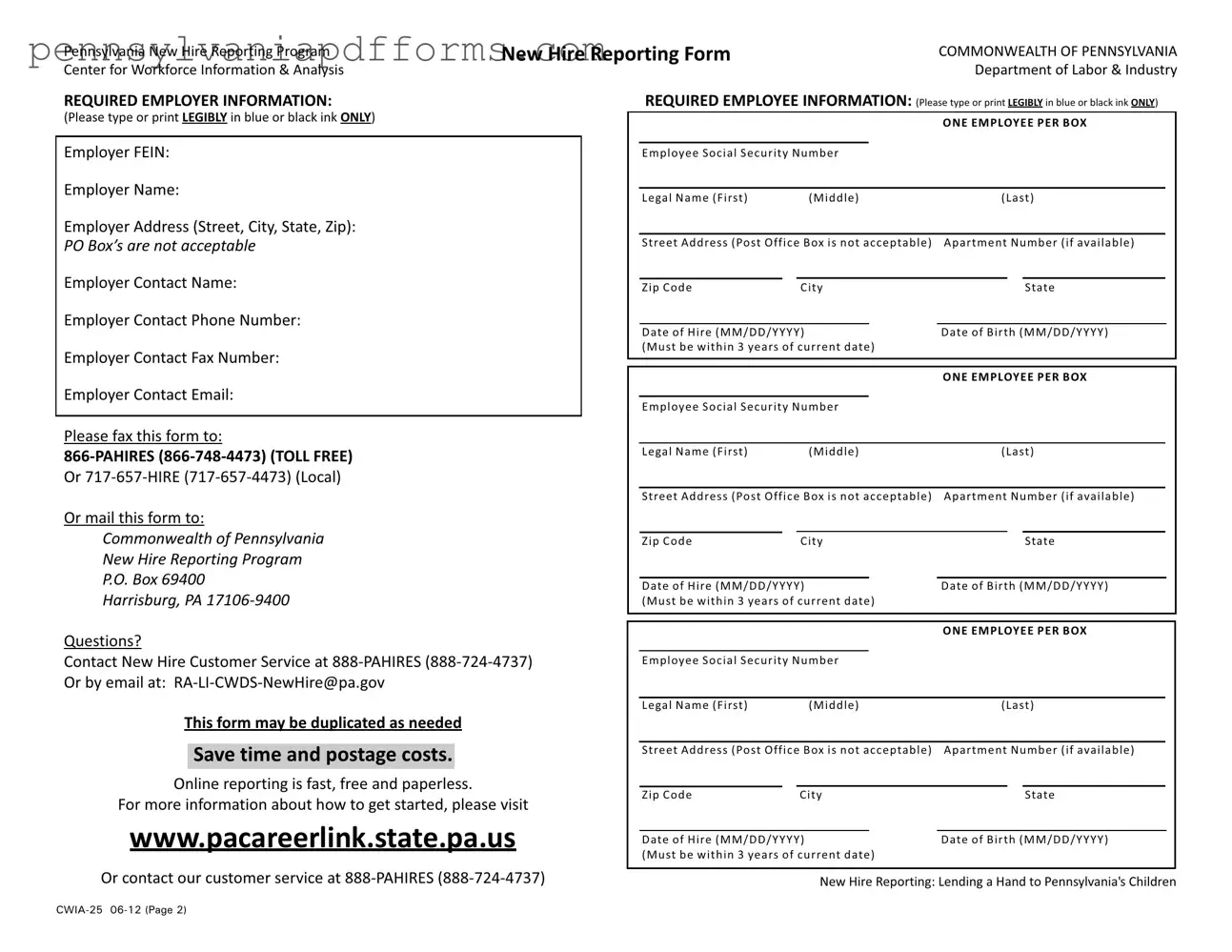 Pa New Hire Form
