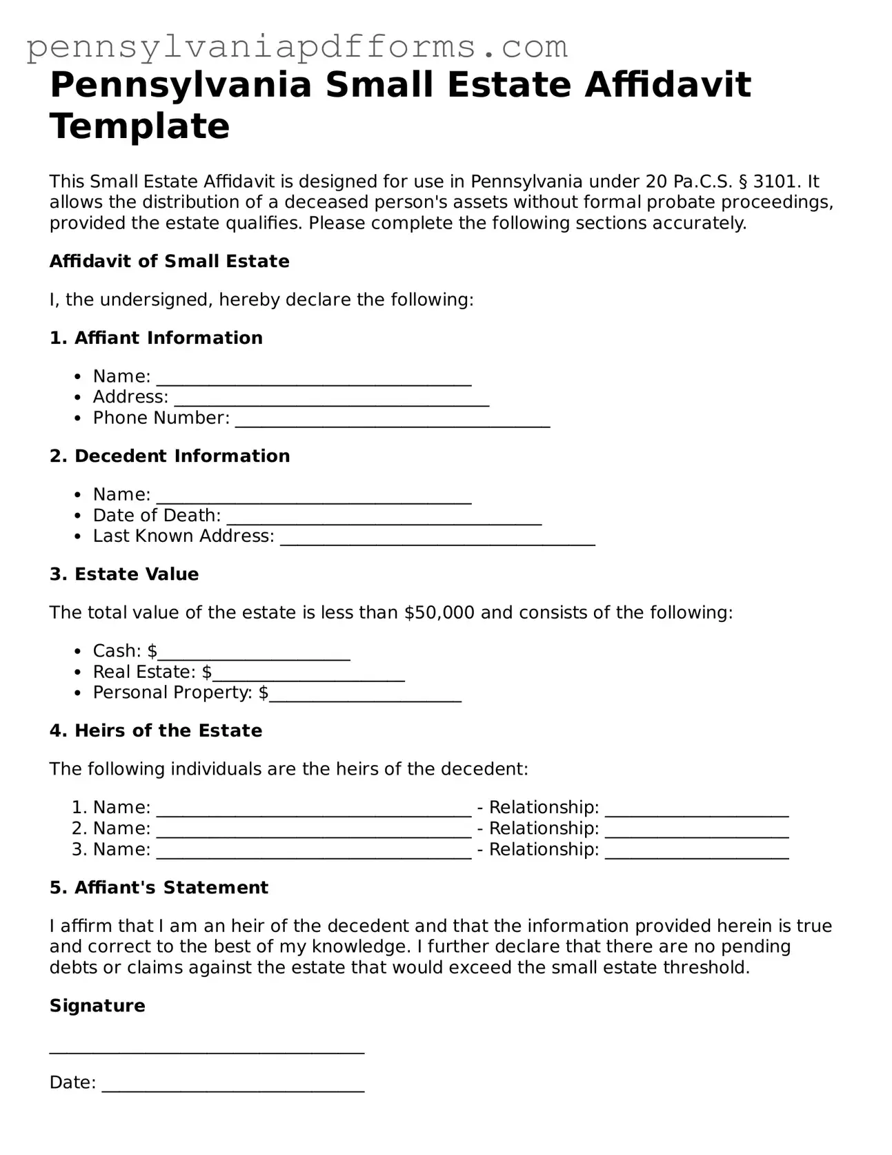 Fillable Small Estate Affidavit Document for Pennsylvania State
