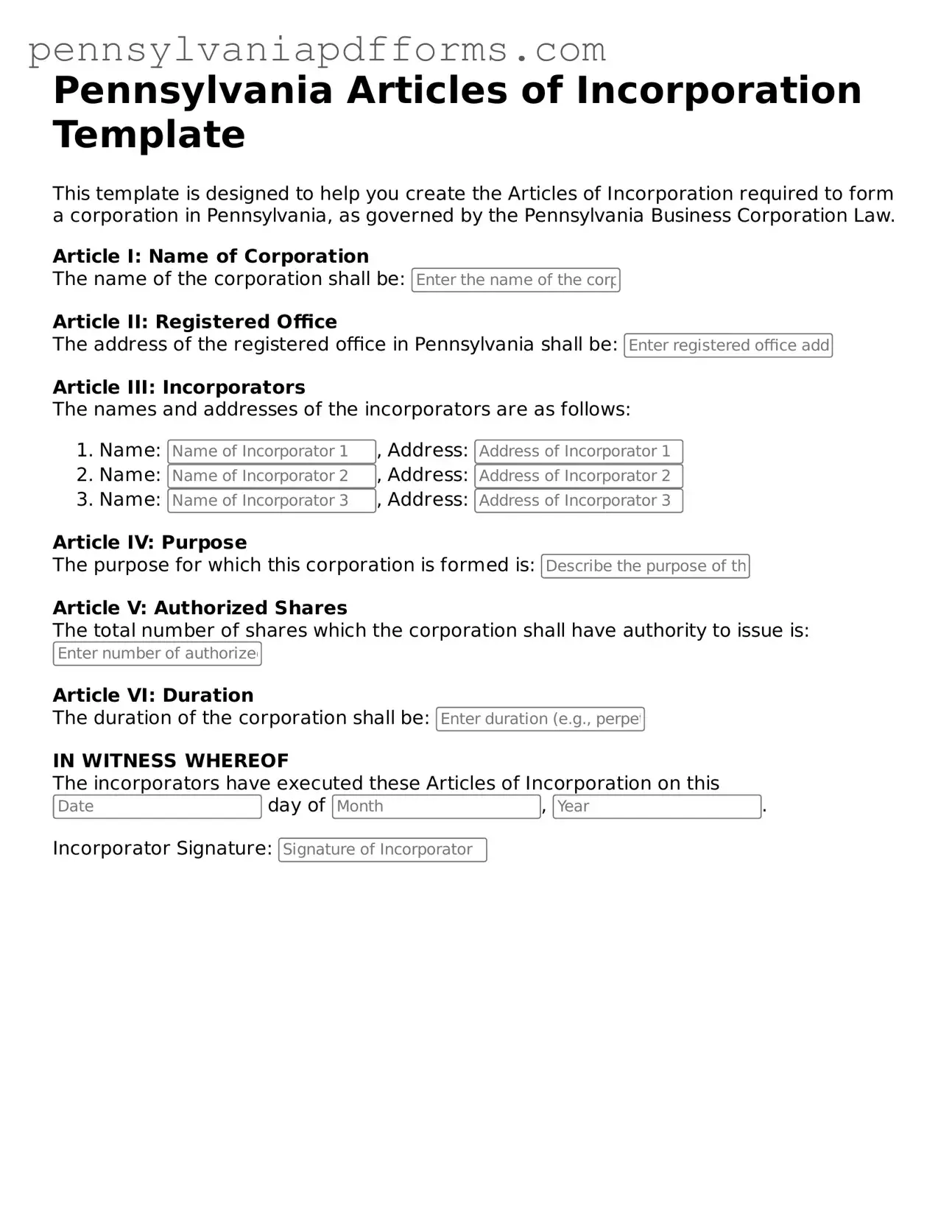 Fillable Articles of Incorporation Document for Pennsylvania State