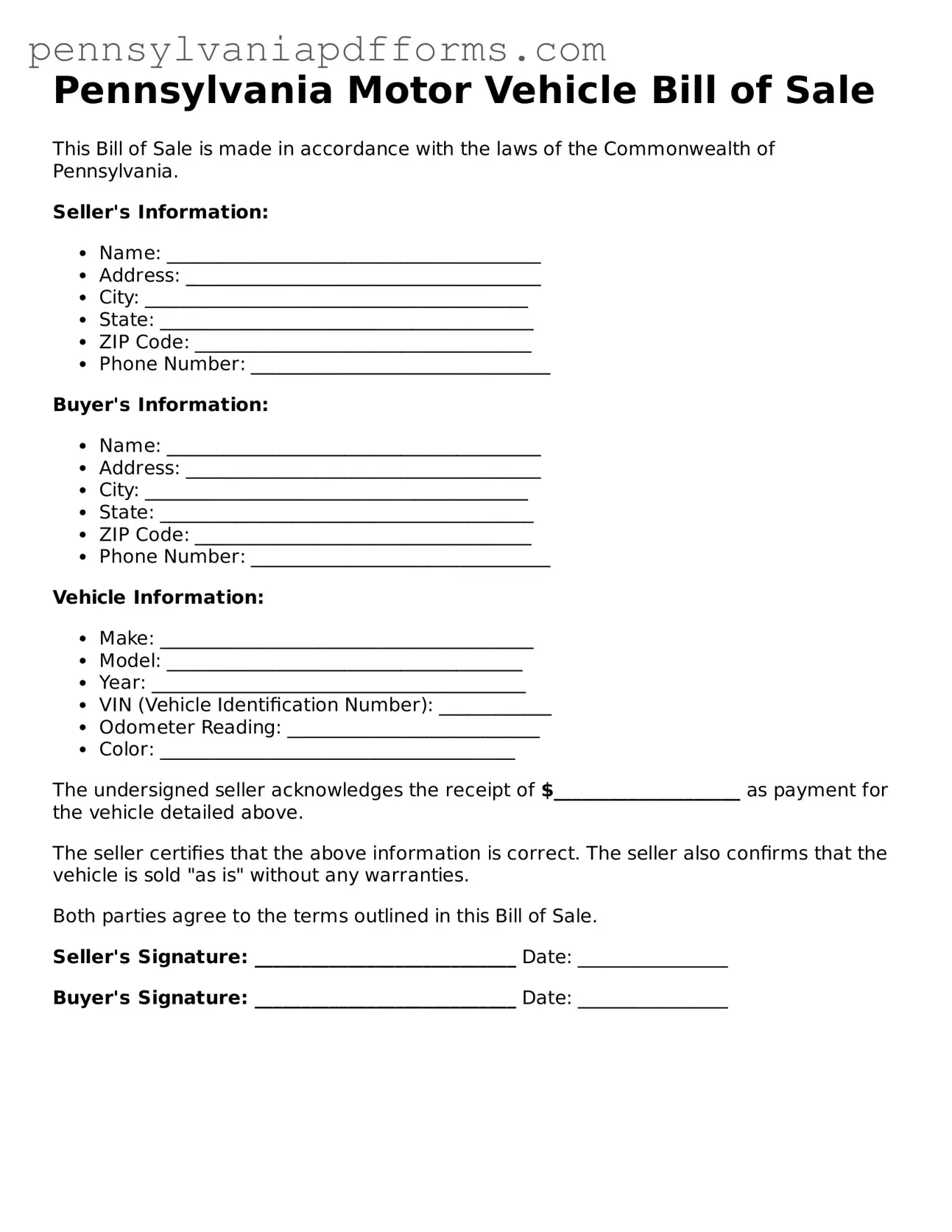 Fillable Motor Vehicle Bill of Sale Document for Pennsylvania State
