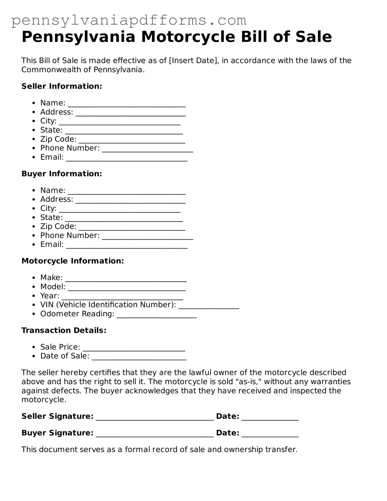 Fillable Motorcycle Bill of Sale Document for Pennsylvania State