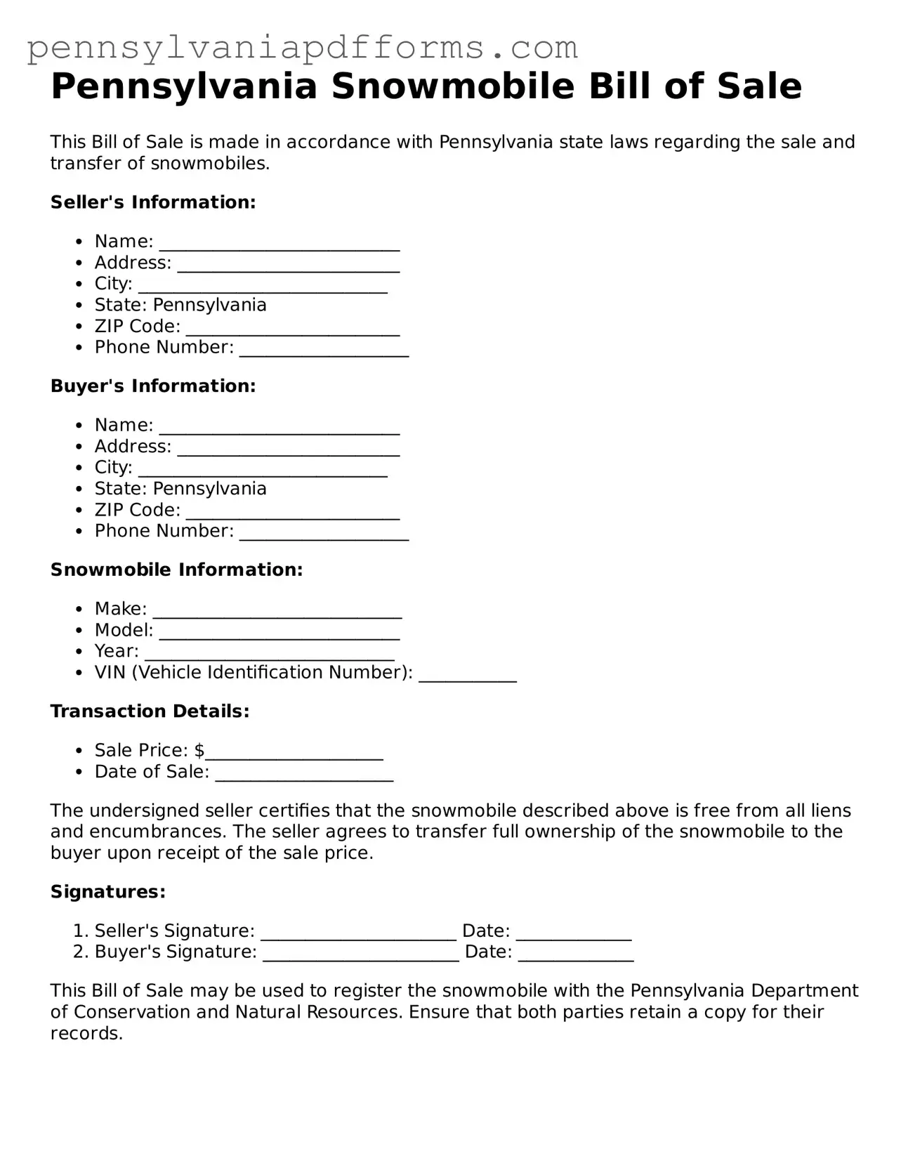 Fillable Snowmobile Bill of Sale Document for Pennsylvania State