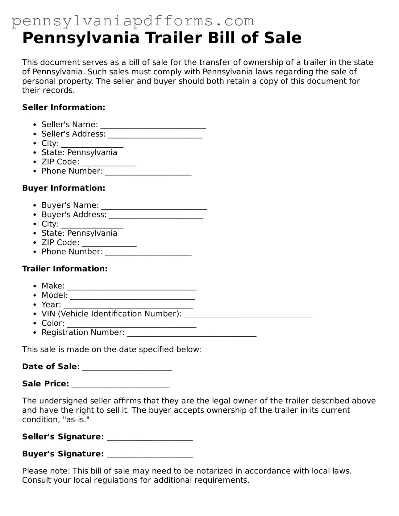 Fillable Trailer Bill of Sale Document for Pennsylvania State