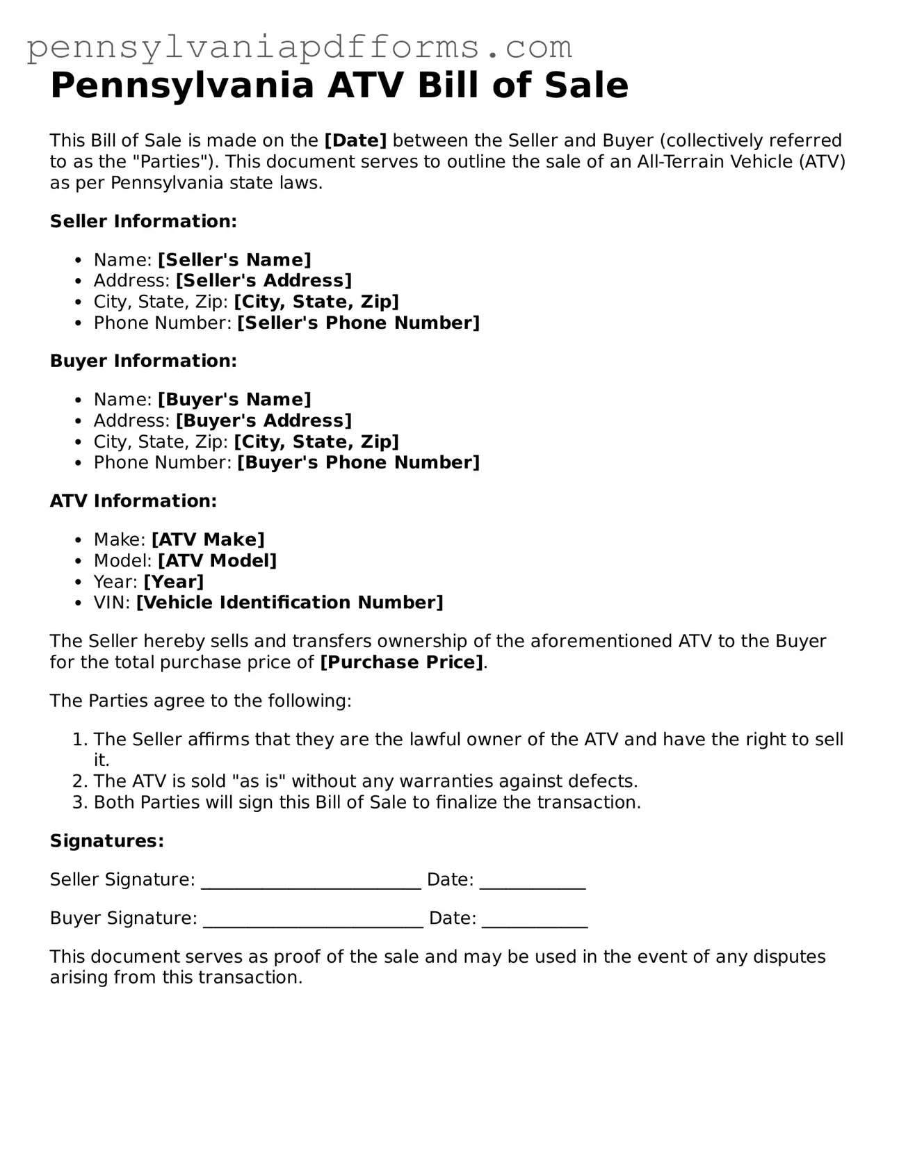 Fillable ATV Bill of Sale Document for Pennsylvania State