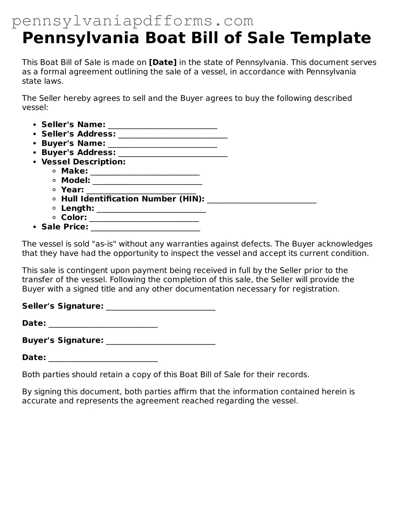 Fillable Boat Bill of Sale Document for Pennsylvania State