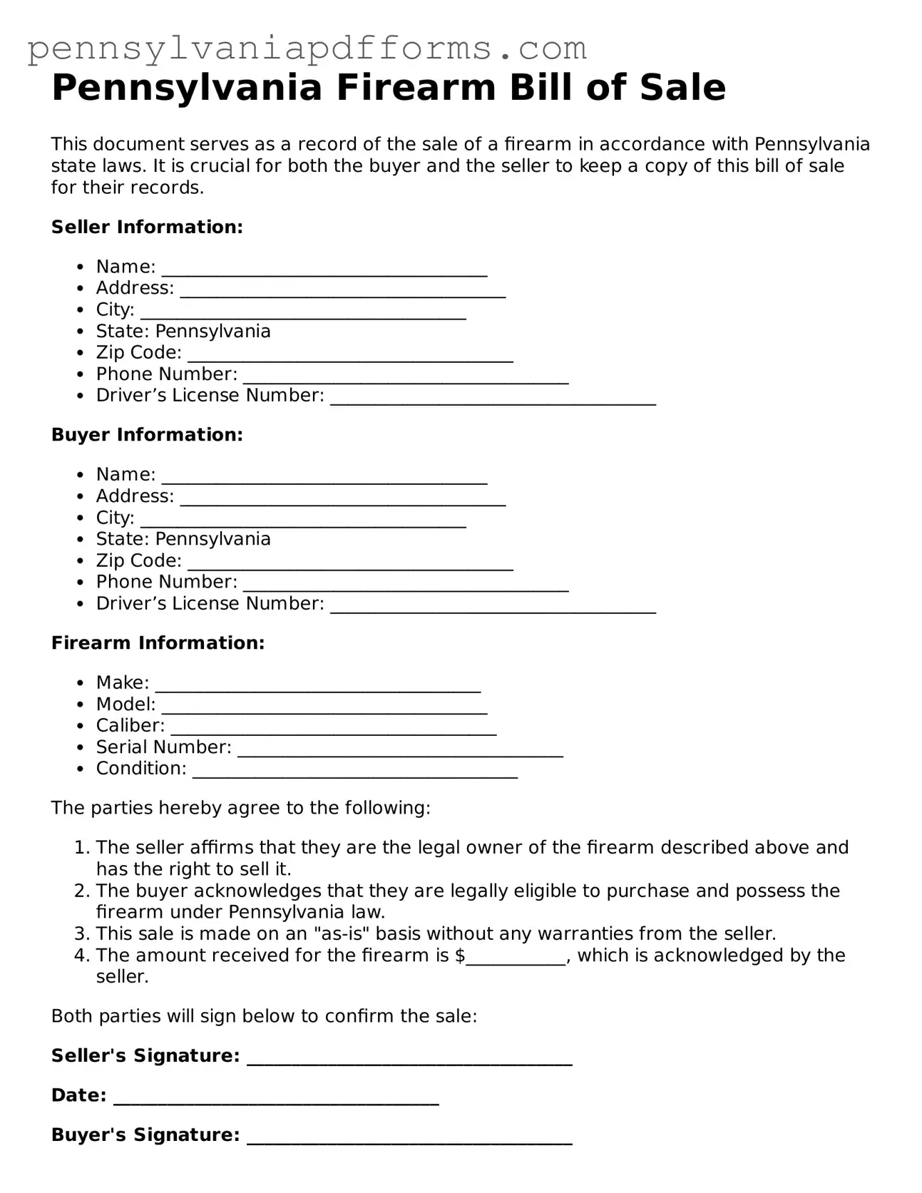 Fillable Firearm Bill of Sale Document for Pennsylvania State