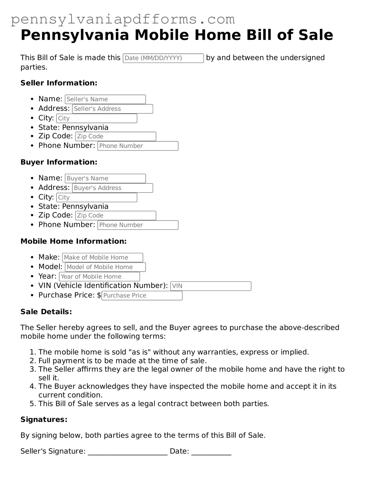 Fillable Mobile Home Bill of Sale Document for Pennsylvania State