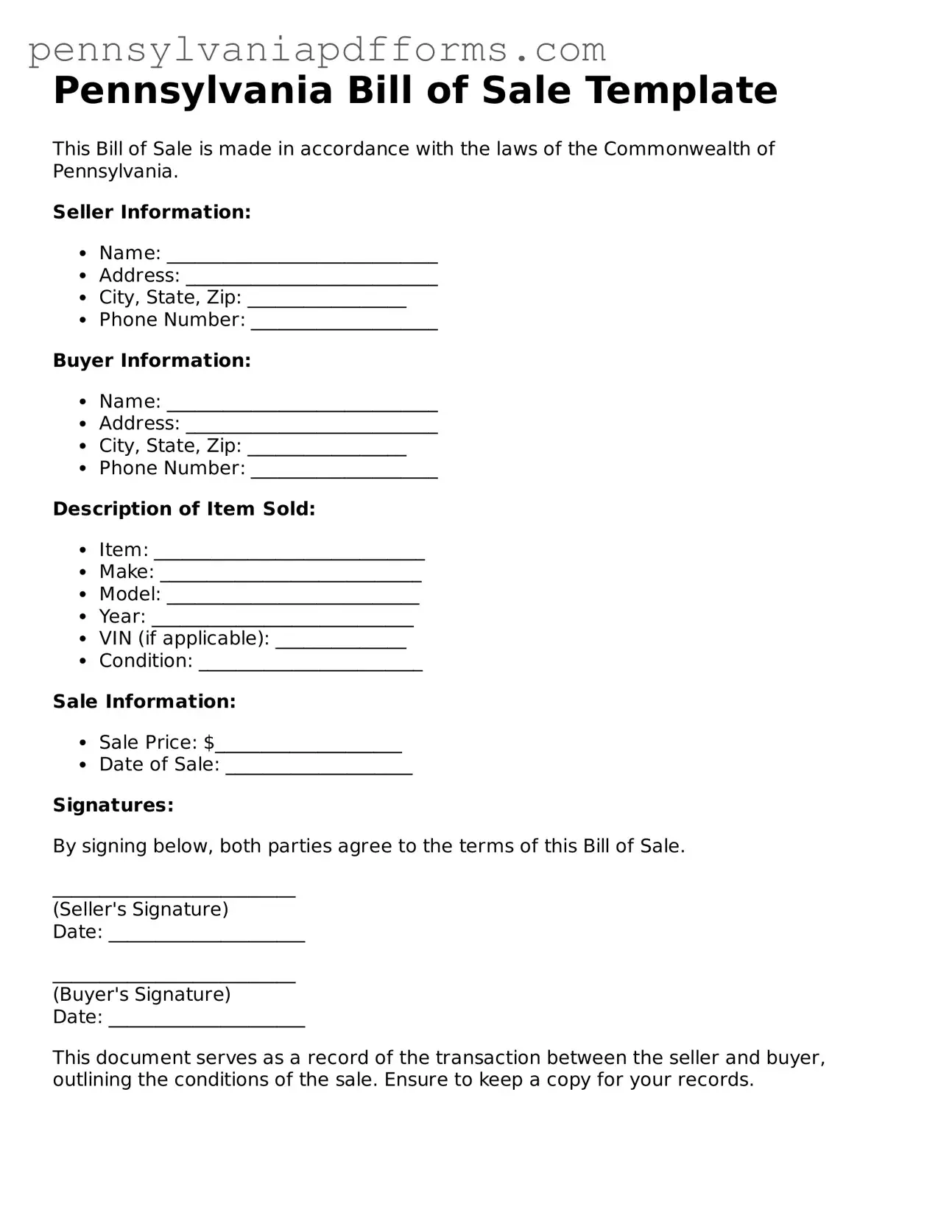 Fillable Bill of Sale Document for Pennsylvania State