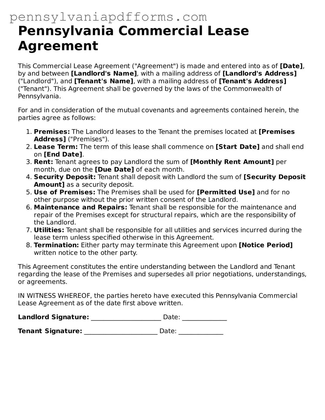 Fillable Commercial Lease Agreement Document for Pennsylvania State