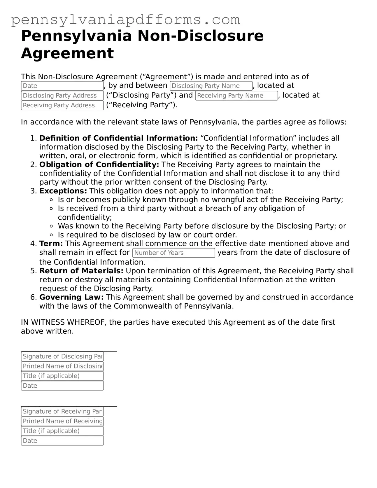 Fillable Non-disclosure Agreement Document for Pennsylvania State