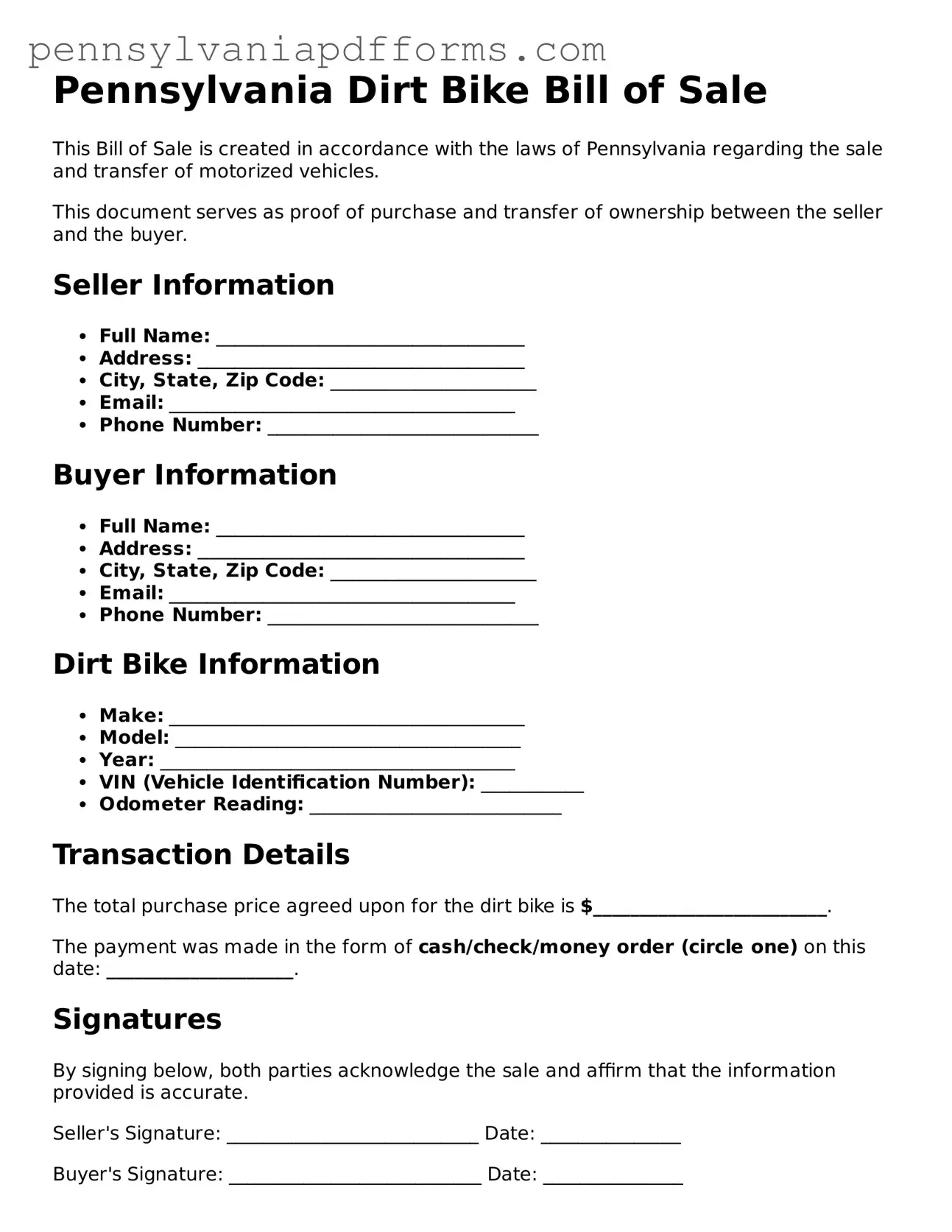 Fillable Dirt Bike Bill of Sale Document for Pennsylvania State