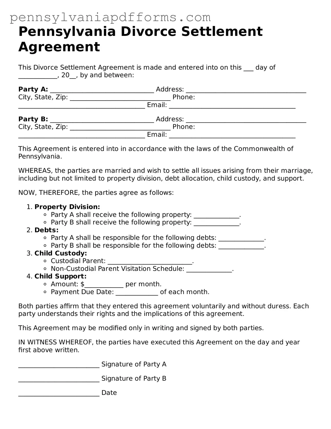 Fillable Divorce Settlement Agreement Document for Pennsylvania State