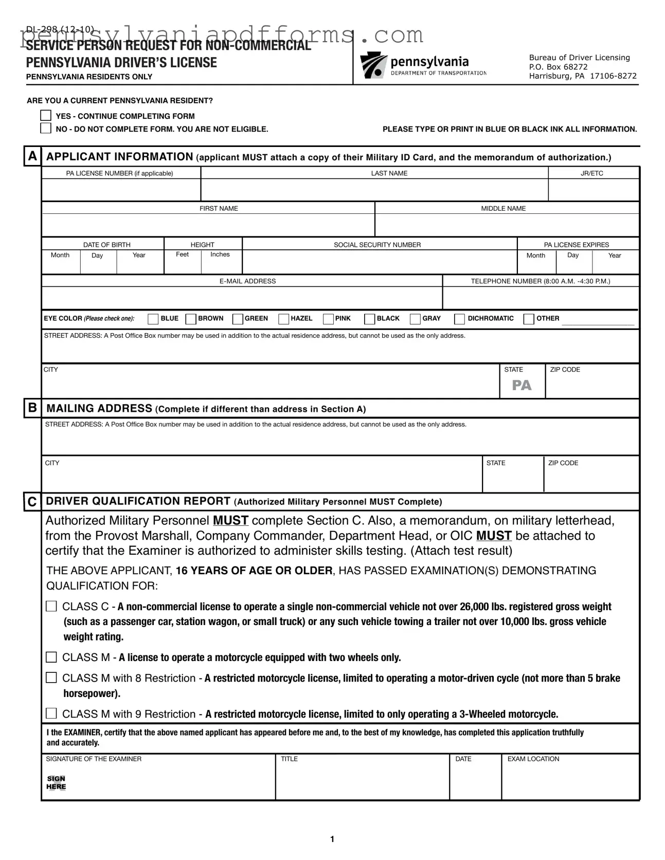Pennsylvania Dl 298 Form