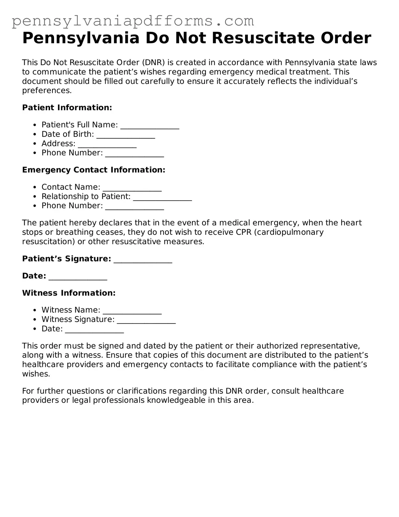 Fillable Do Not Resuscitate Order Document for Pennsylvania State