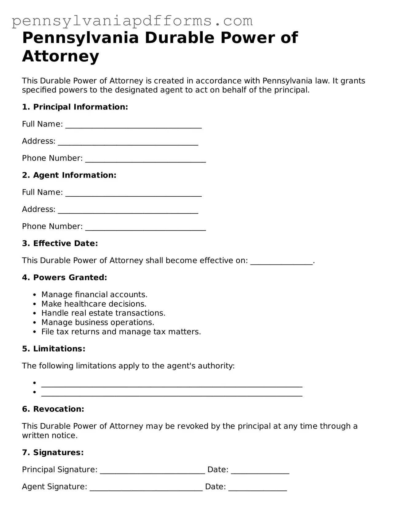 Fillable Durable Power of Attorney Document for Pennsylvania State