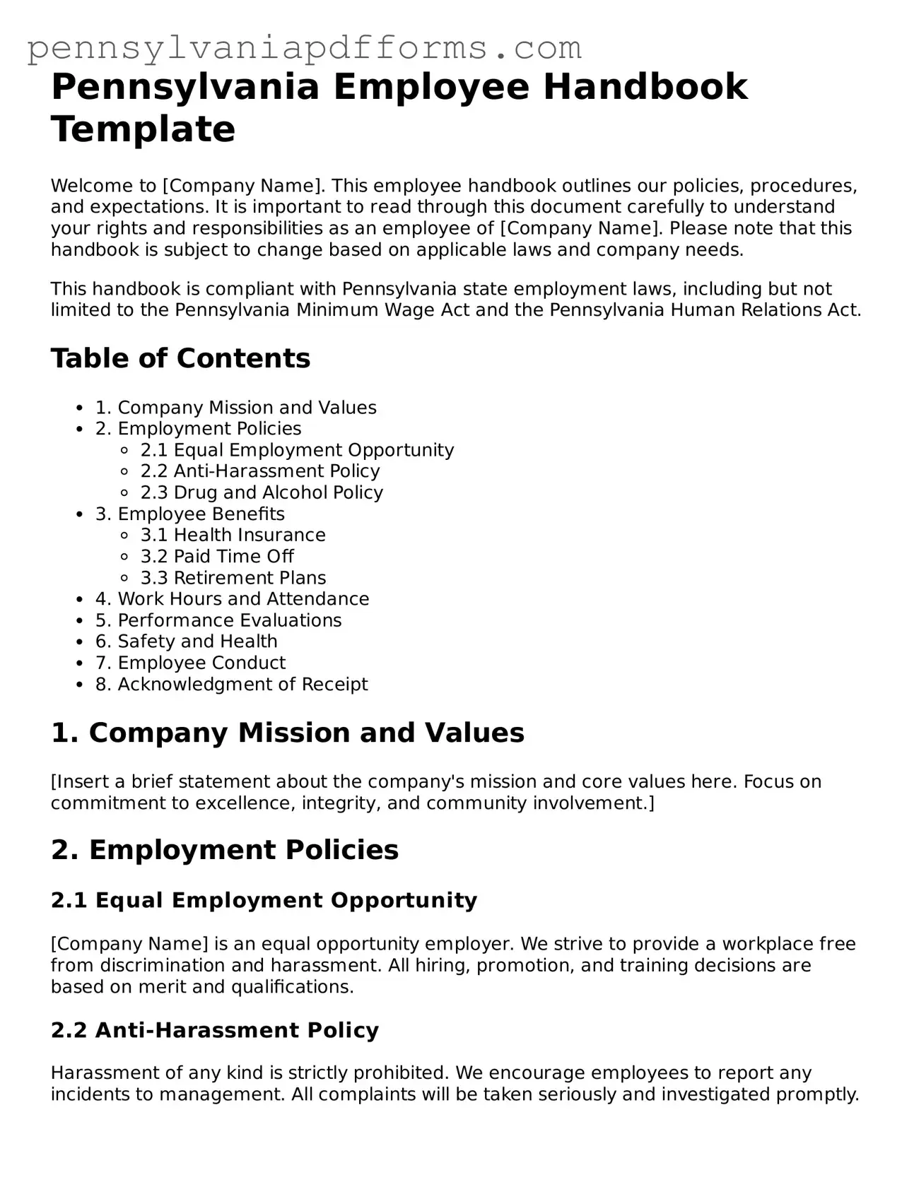 Fillable Employee Handbook Document for Pennsylvania State