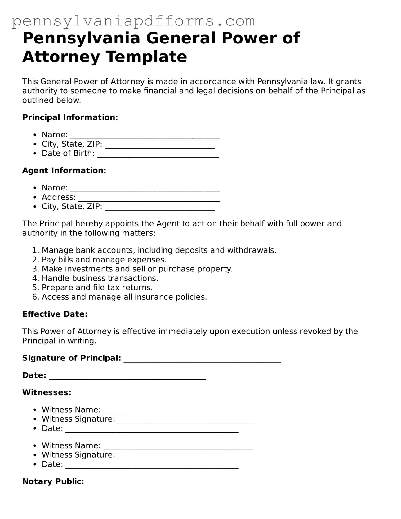 Fillable General Power of Attorney Document for Pennsylvania State