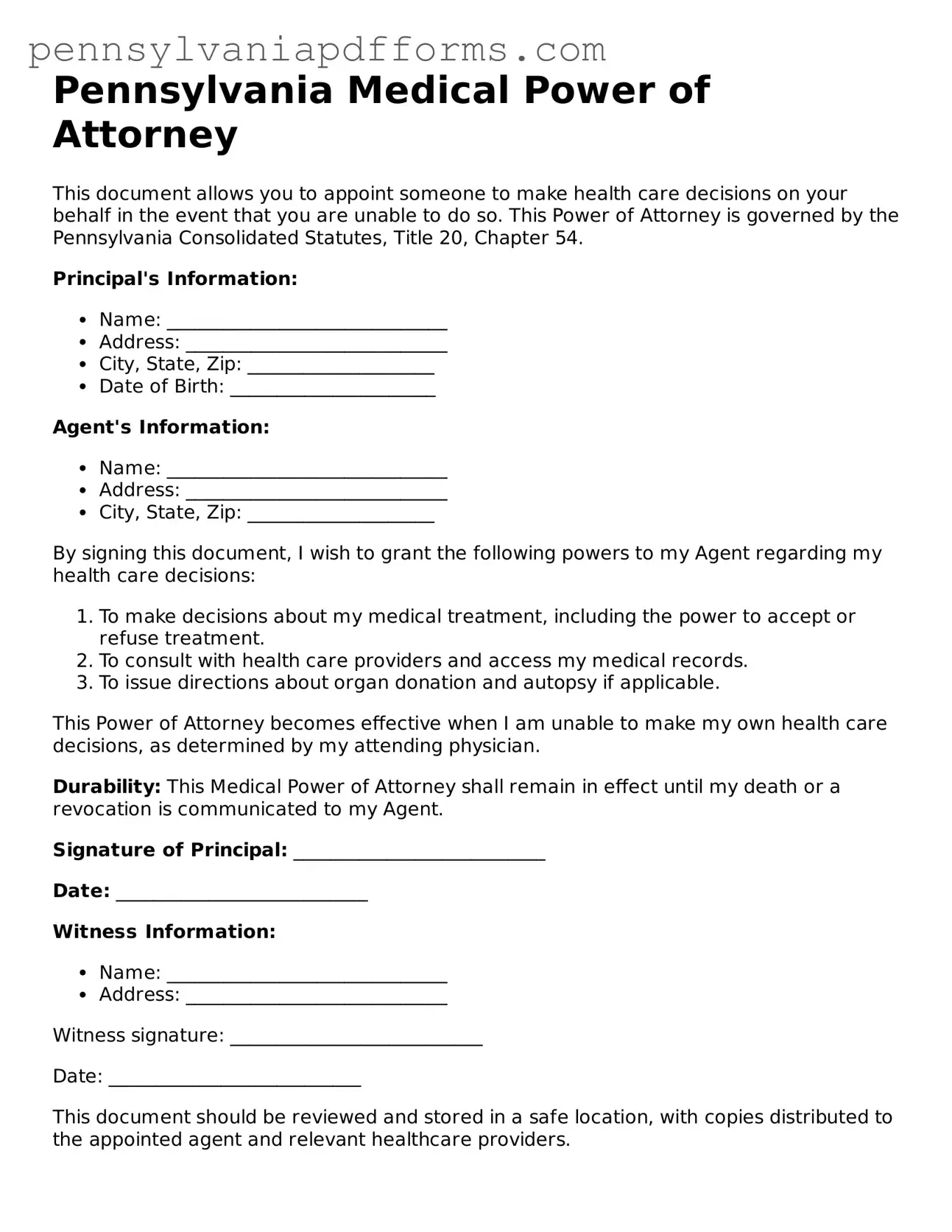 Fillable Medical Power of Attorney Document for Pennsylvania State