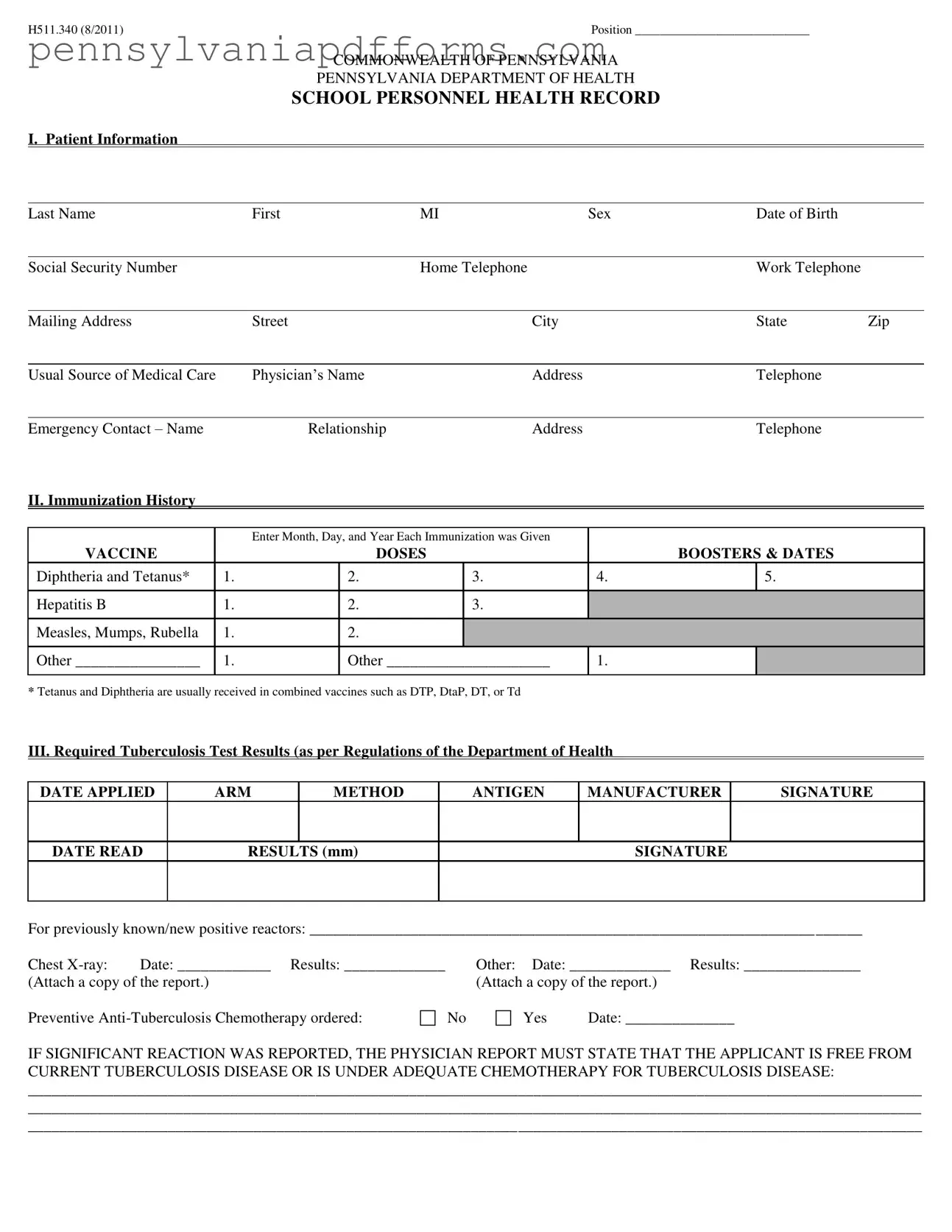 Pennsylvania Health Form