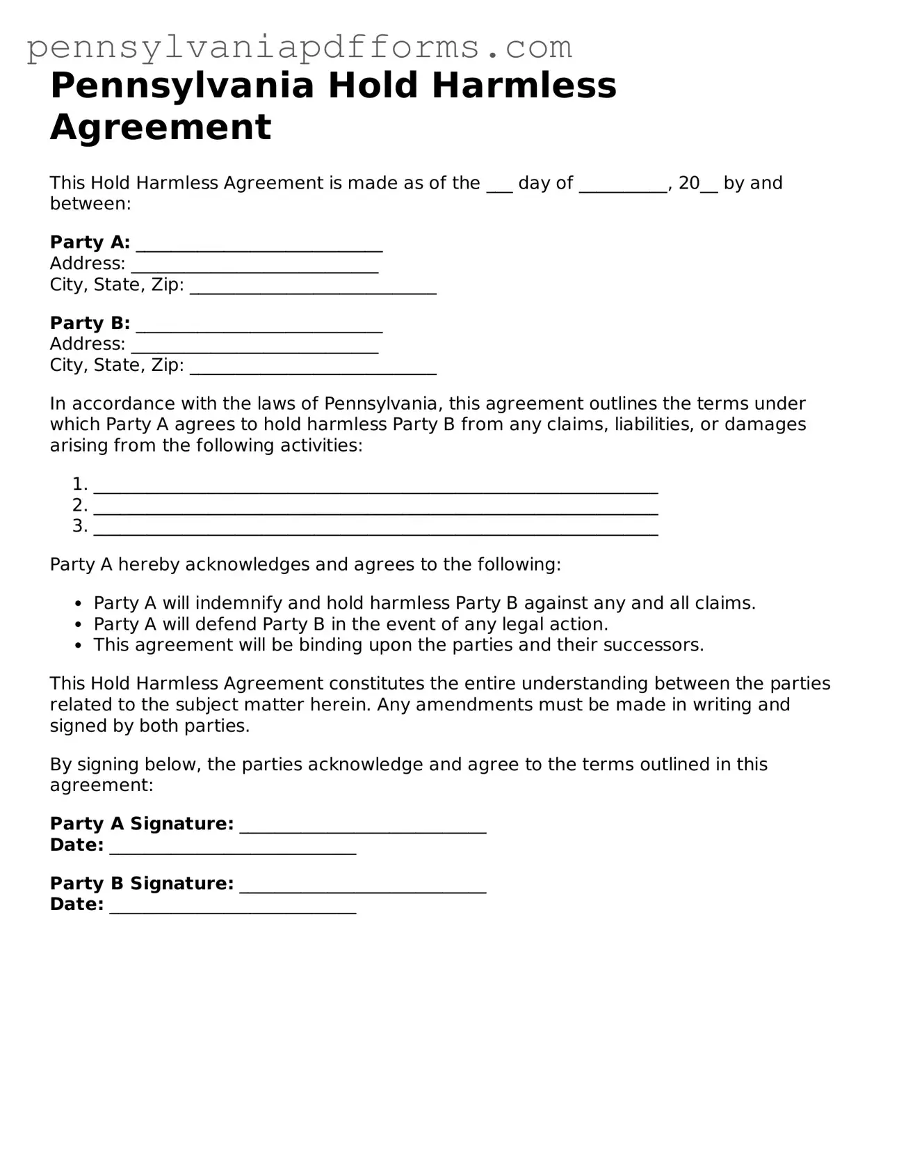 Fillable Hold Harmless Agreement Document for Pennsylvania State