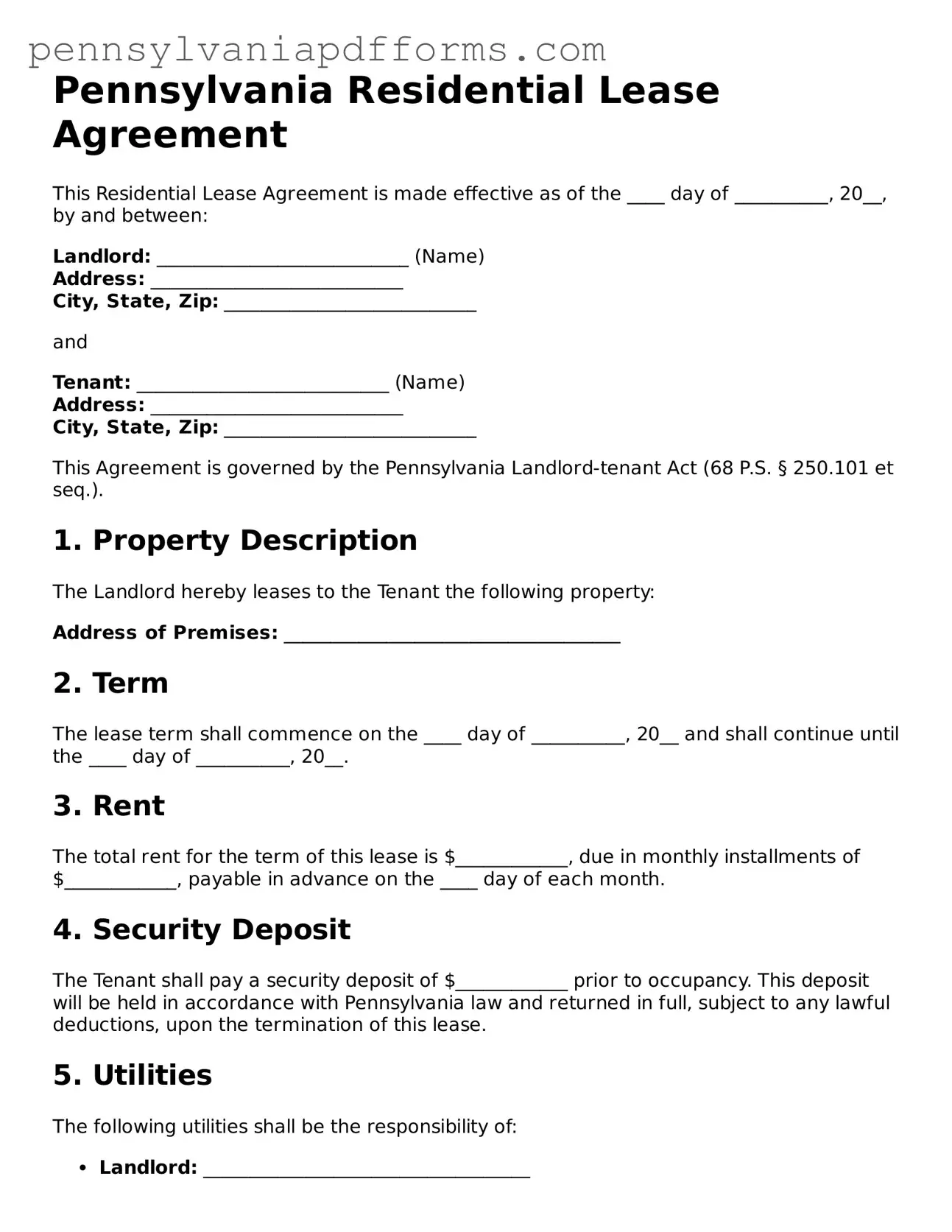 Fillable Residential Lease Agreement Document for Pennsylvania State