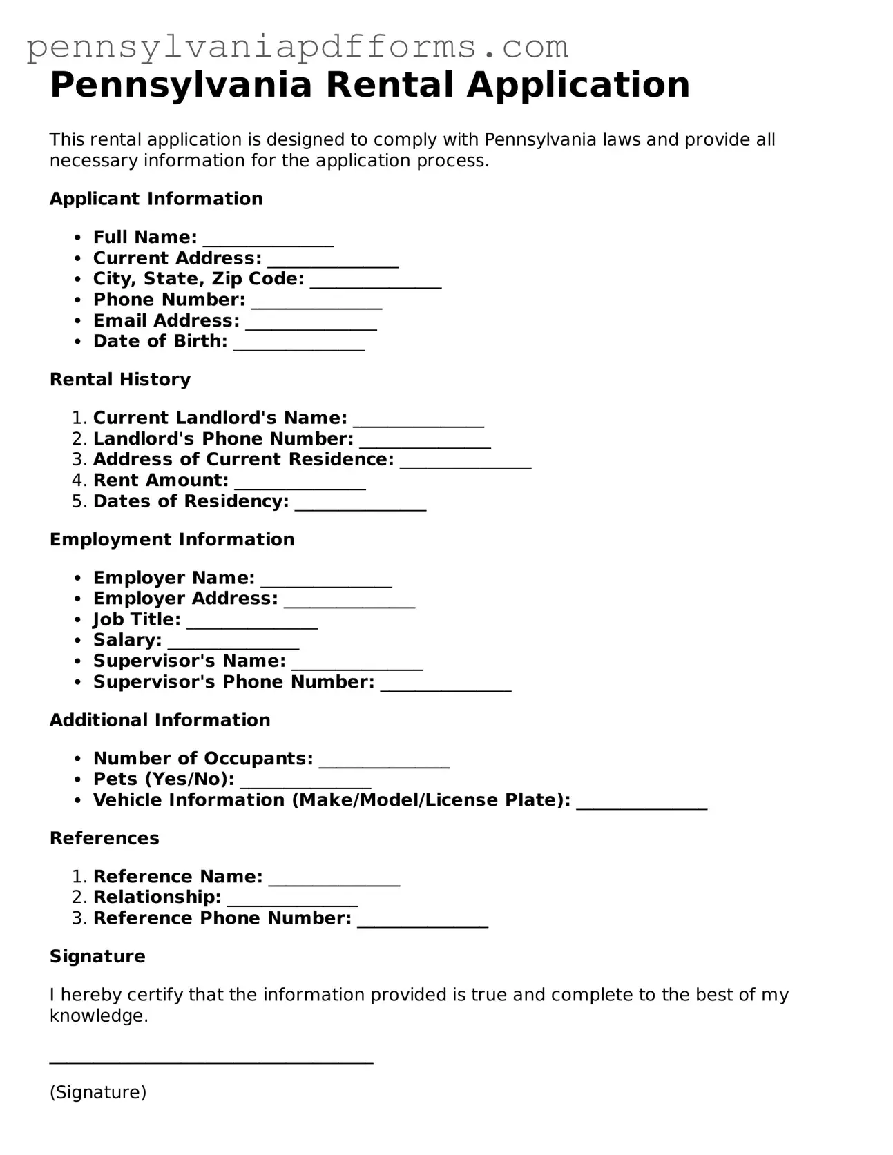 Fillable Rental Application Document for Pennsylvania State