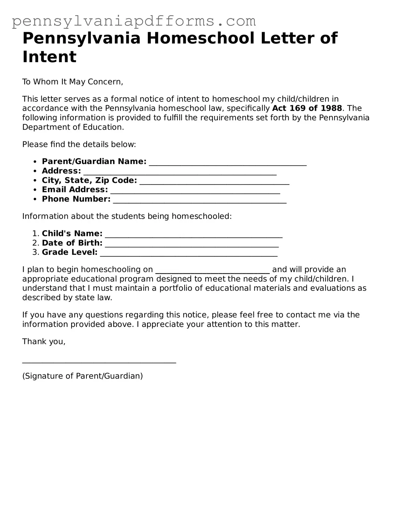 Fillable Homeschool Letter of Intent Document for Pennsylvania State