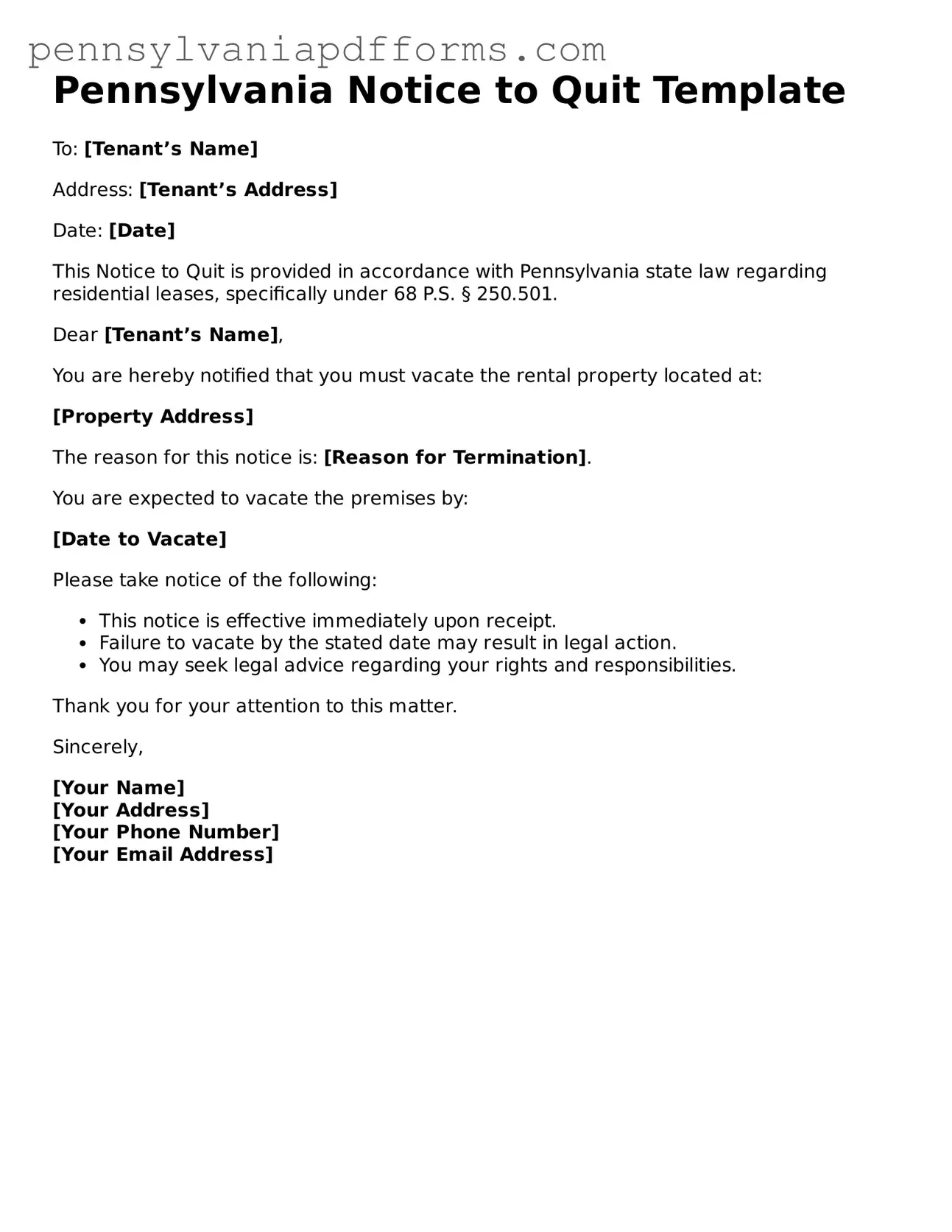 Fillable Notice to Quit Document for Pennsylvania State
