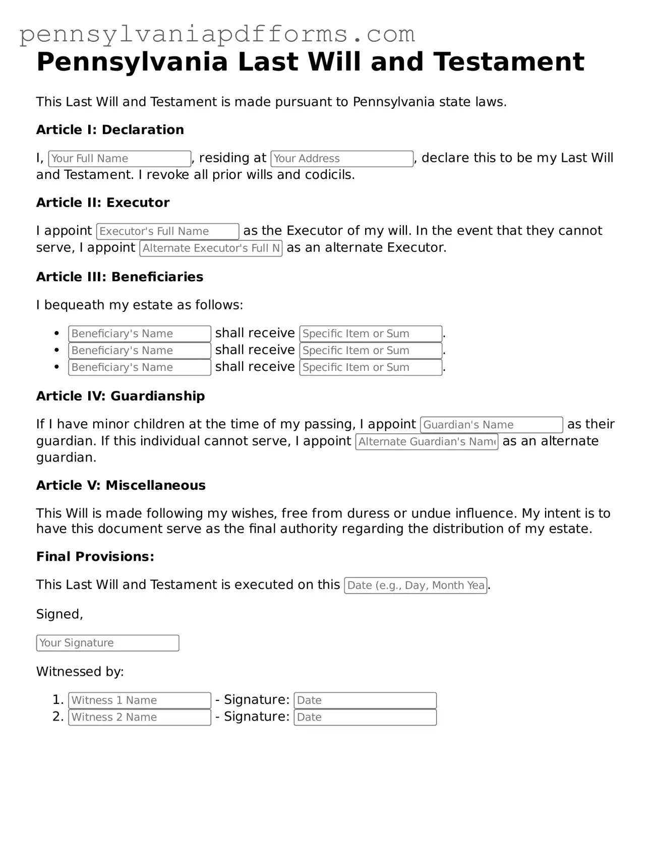 Fillable Last Will and Testament Document for Pennsylvania State