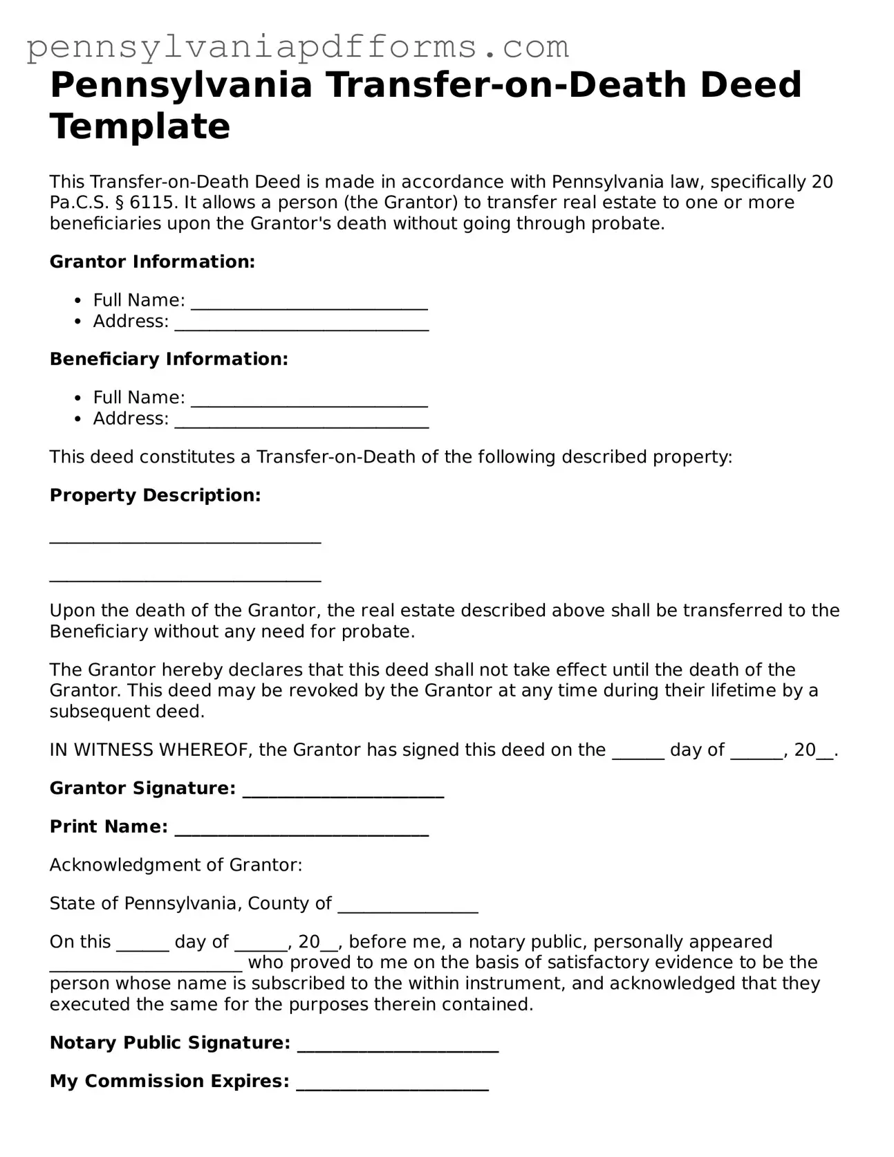 Fillable Transfer-on-Death Deed Document for Pennsylvania State