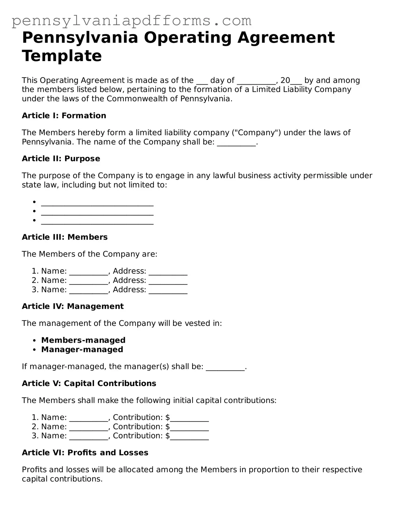 Fillable Operating Agreement Document for Pennsylvania State