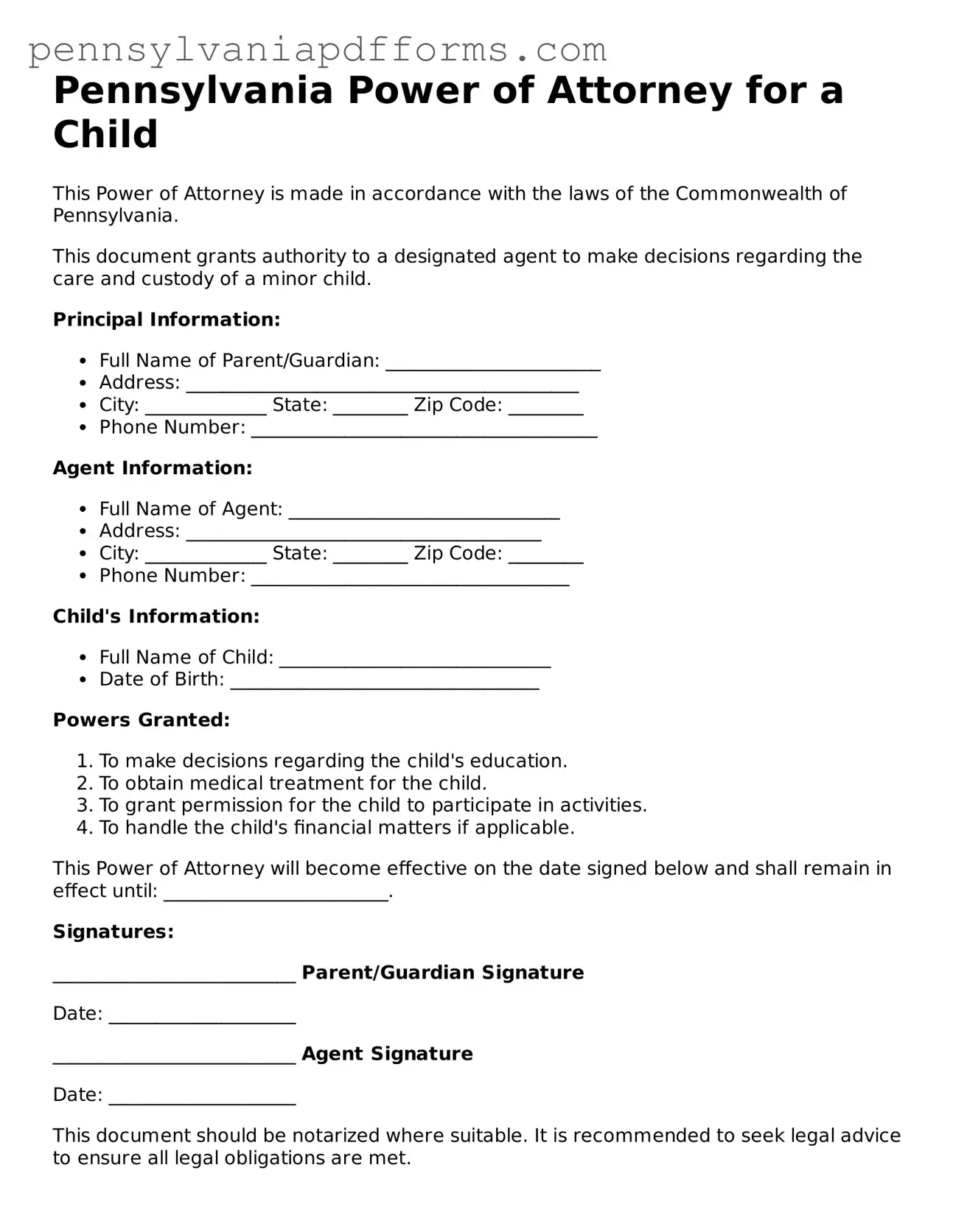 Fillable Power of Attorney for a Child Document for Pennsylvania State