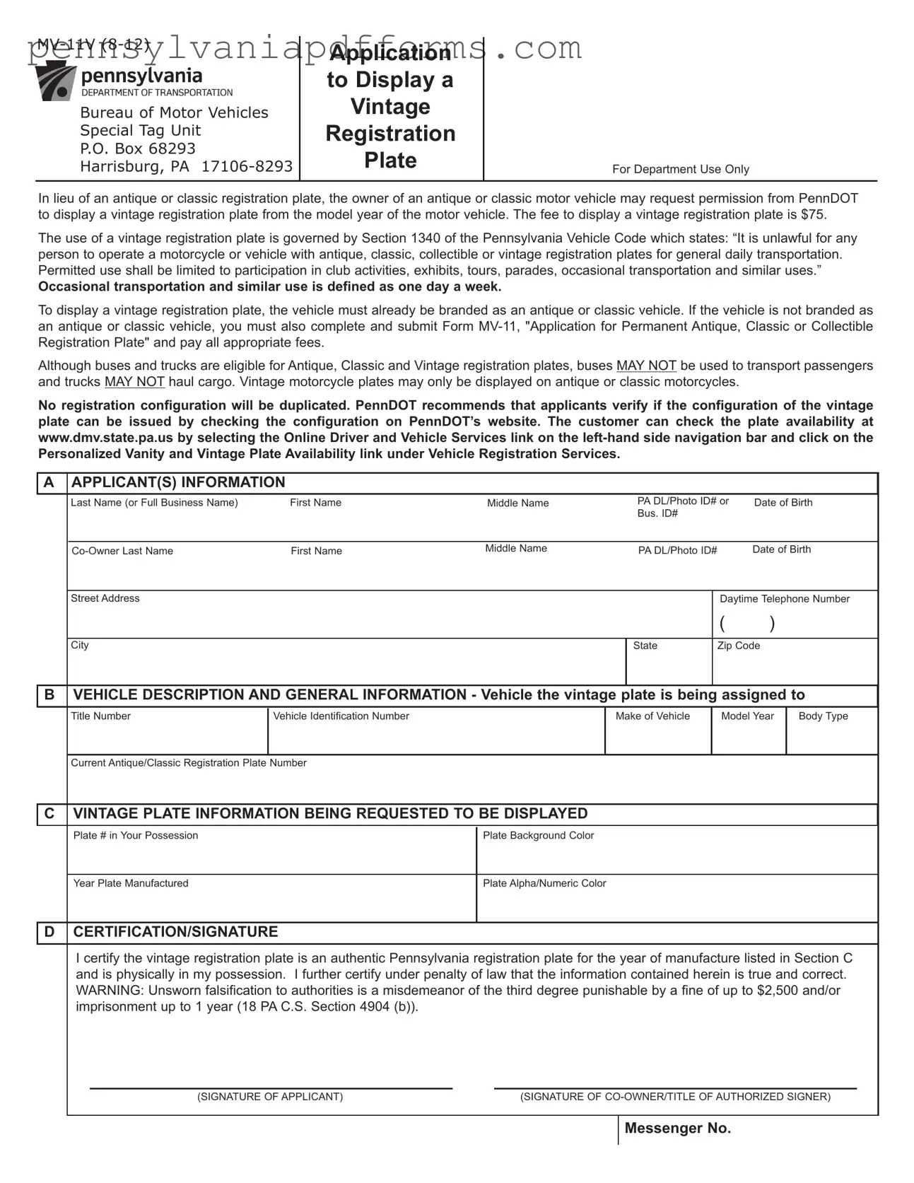 Pennsylvania Mv 11V Form