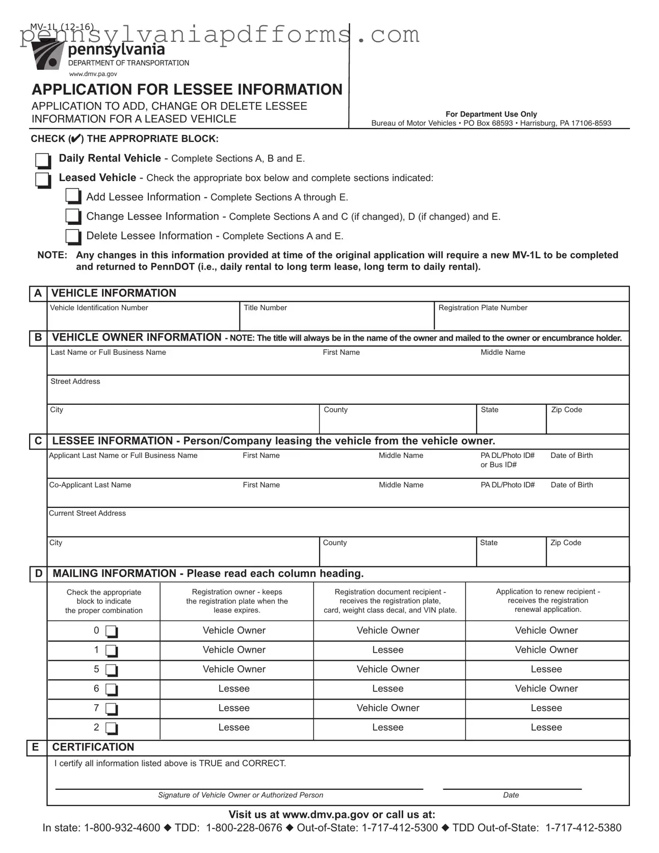 Pennsylvania Mv 1L Form