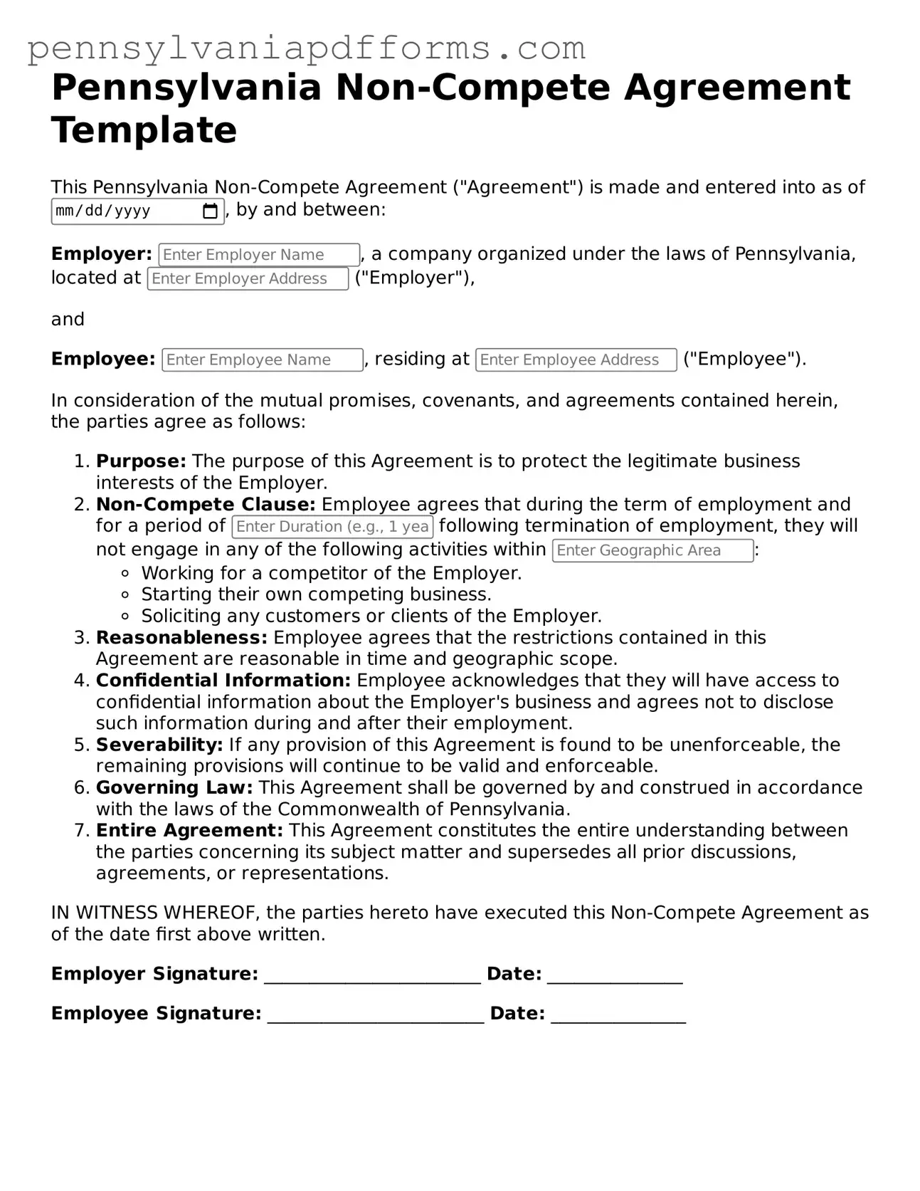 Fillable Non-compete Agreement Document for Pennsylvania State