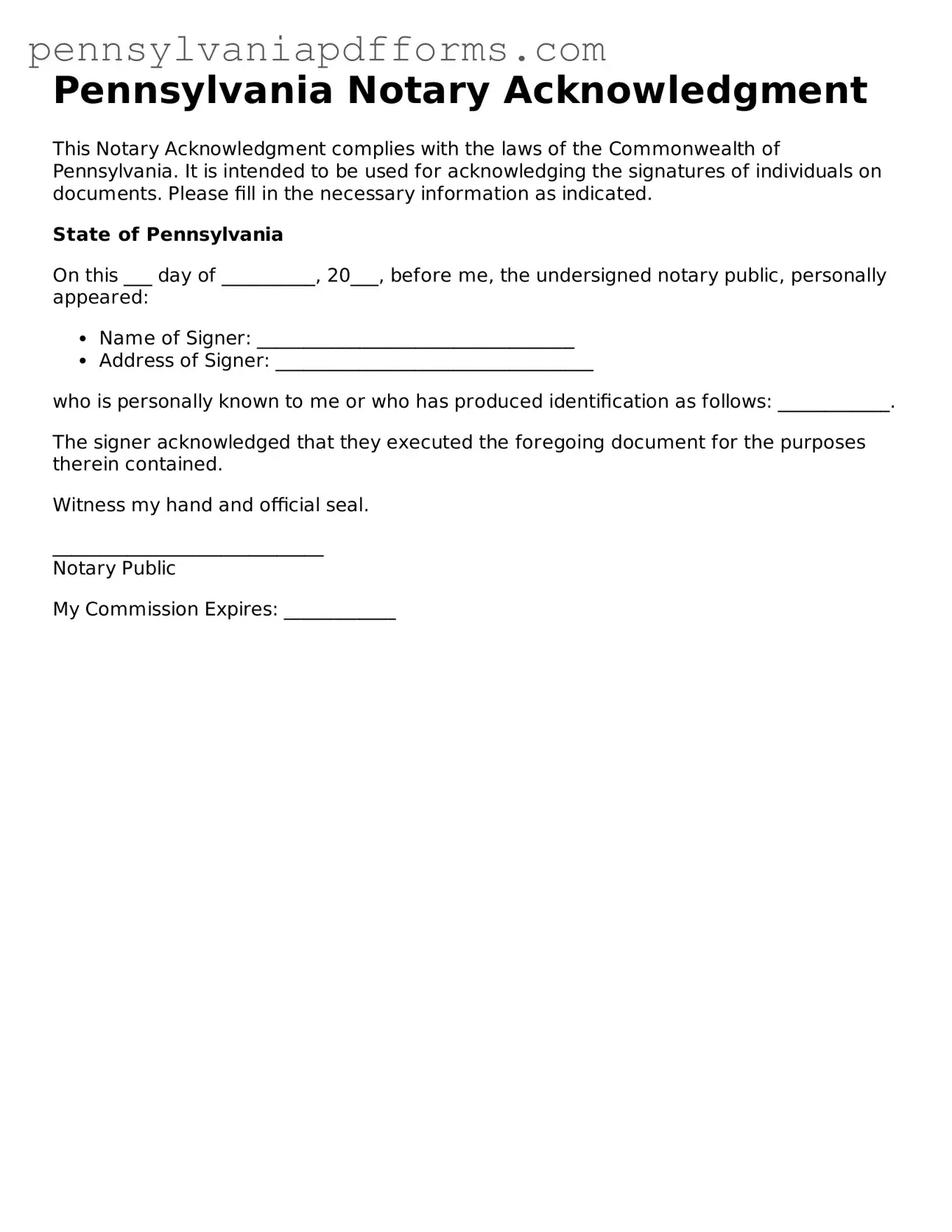 Fillable Notary Acknowledgement Document for Pennsylvania State