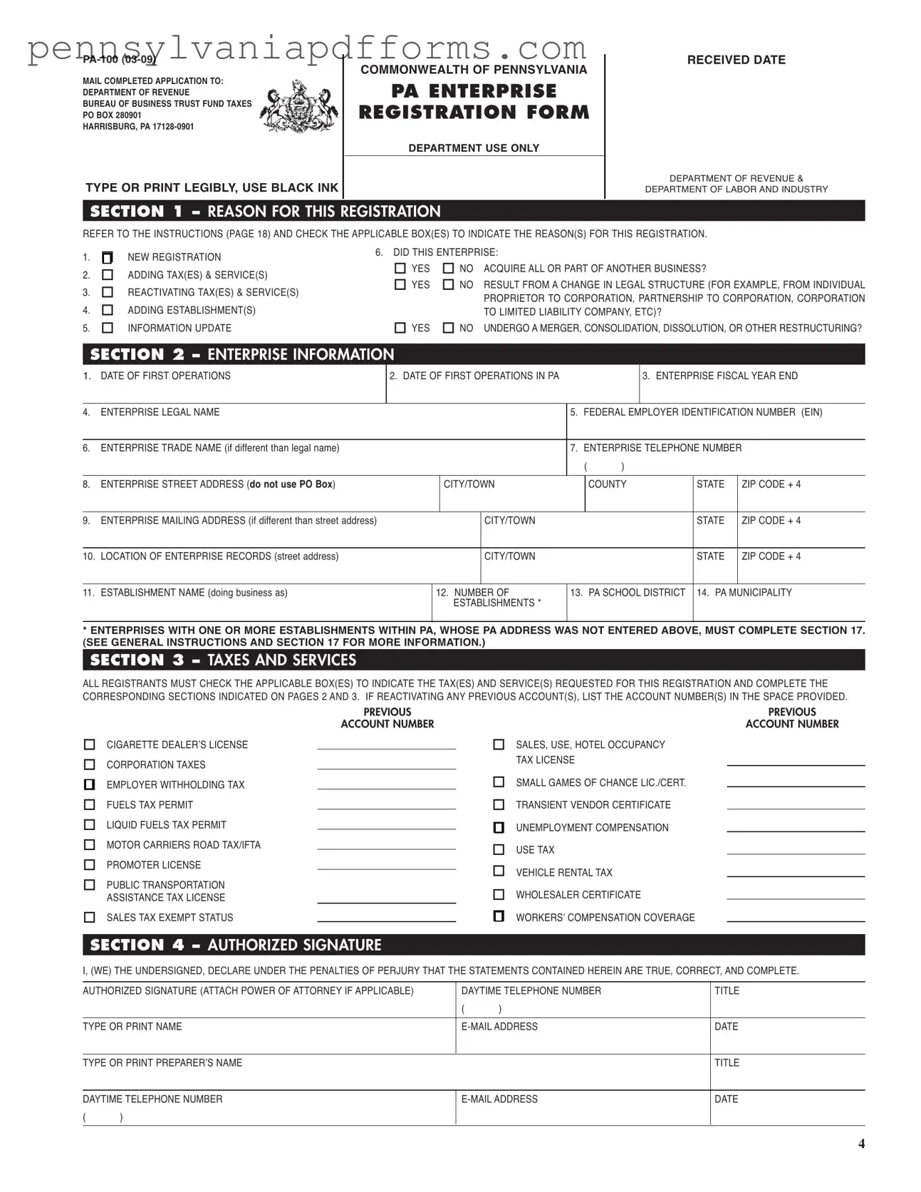 Pennsylvania Pa 100 Form