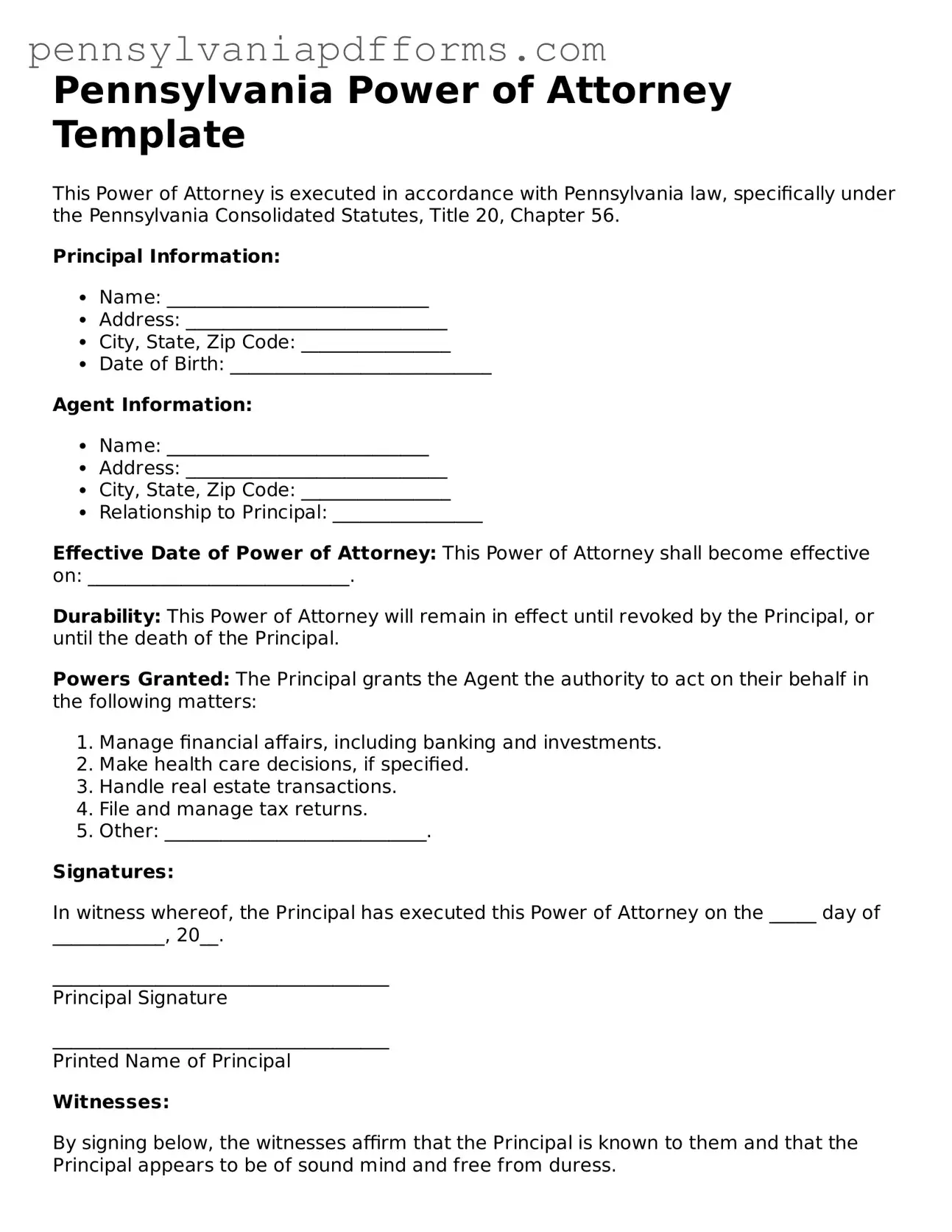Fillable Power of Attorney Document for Pennsylvania State