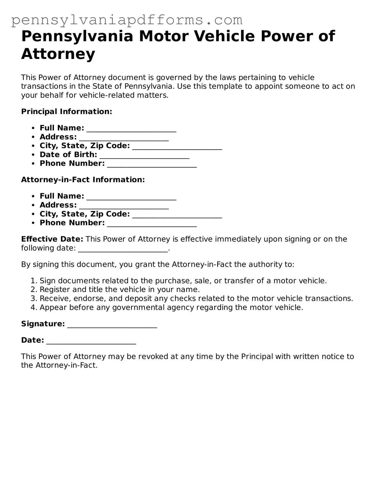 Fillable Motor Vehicle Power of Attorney Document for Pennsylvania State