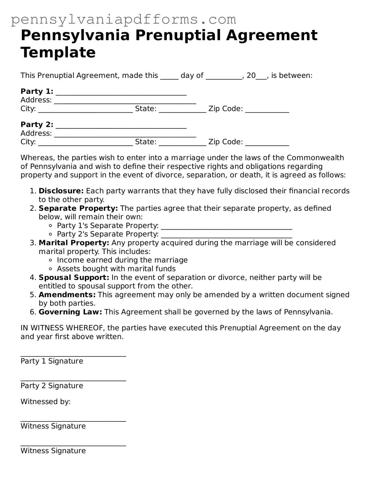 Fillable Prenuptial Agreement Document for Pennsylvania State