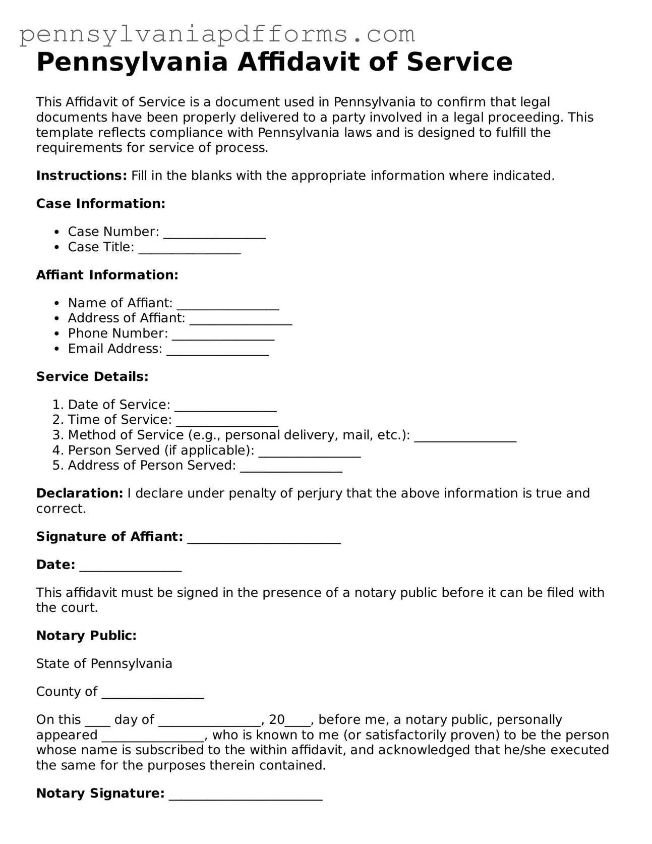 Fillable Affidavit of Service Document for Pennsylvania State