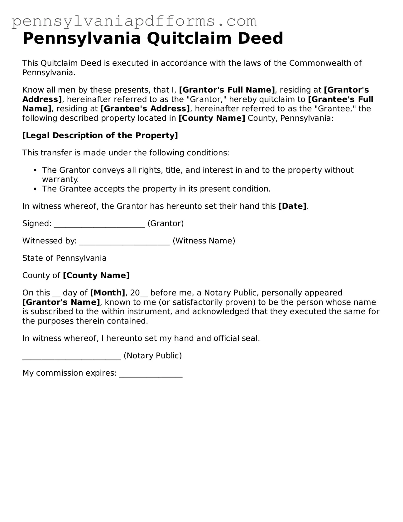 Fillable Quitclaim Deed Document for Pennsylvania State