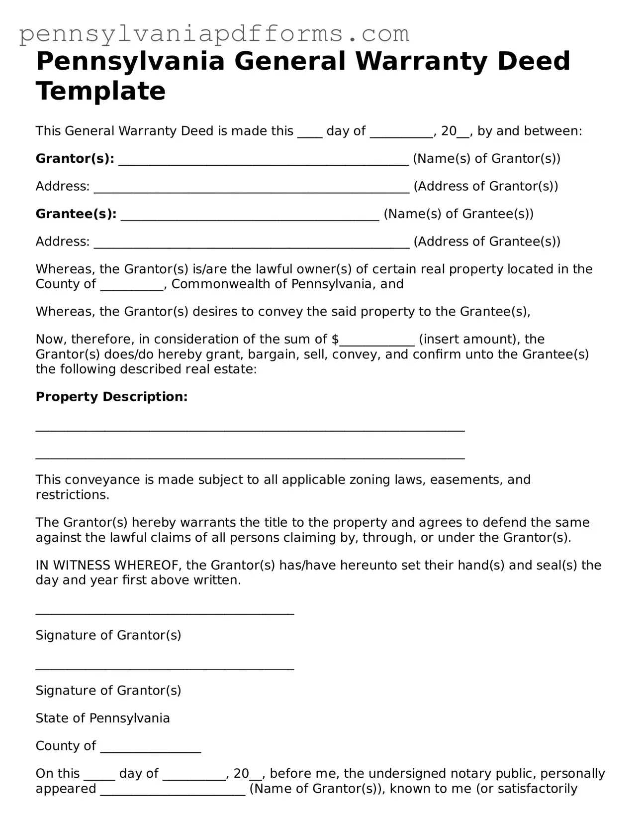 Fillable Deed Document for Pennsylvania State