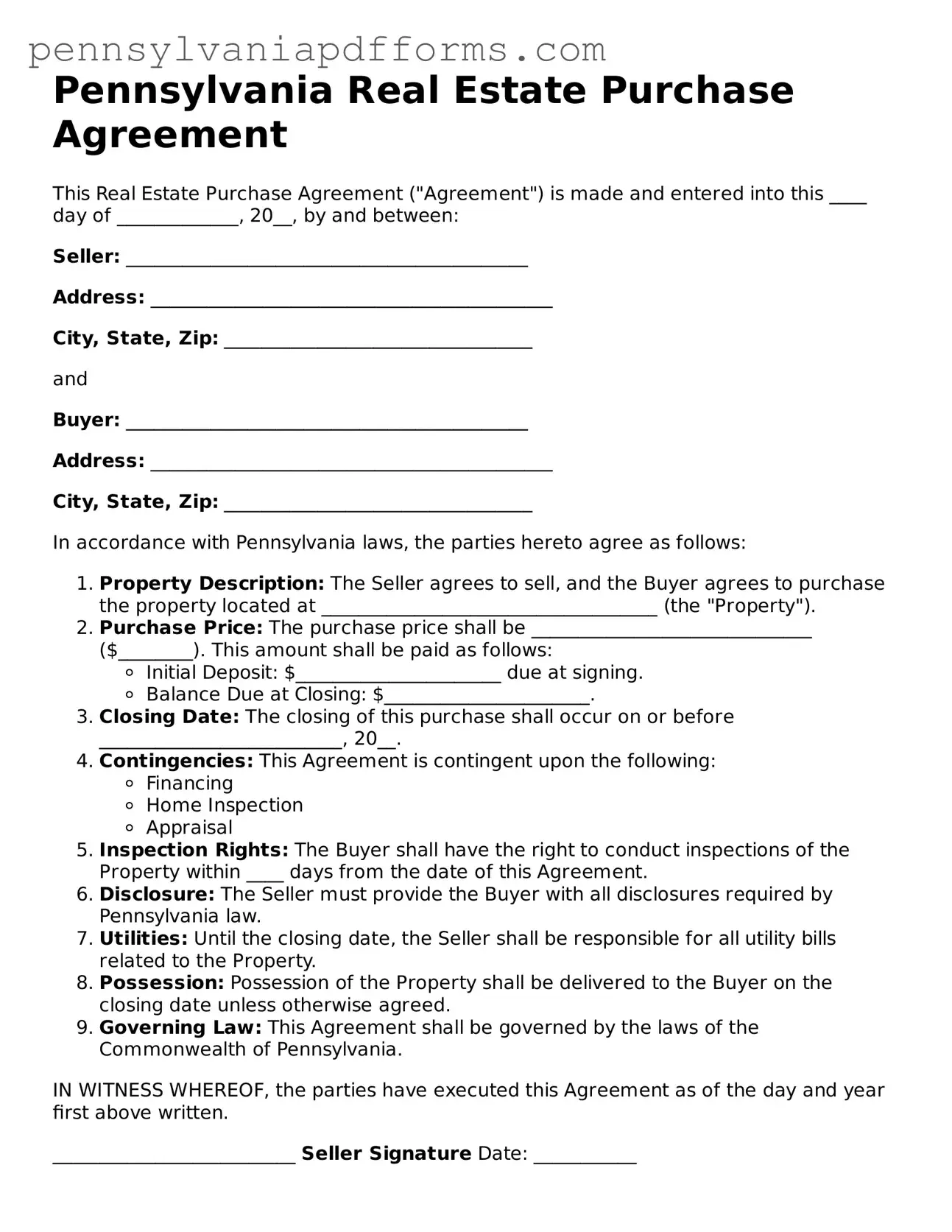Fillable Real Estate Purchase Agreement Document for Pennsylvania State