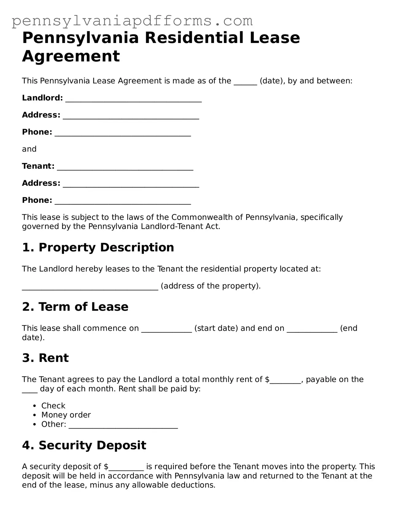 Fillable Lease Agreement Document for Pennsylvania State