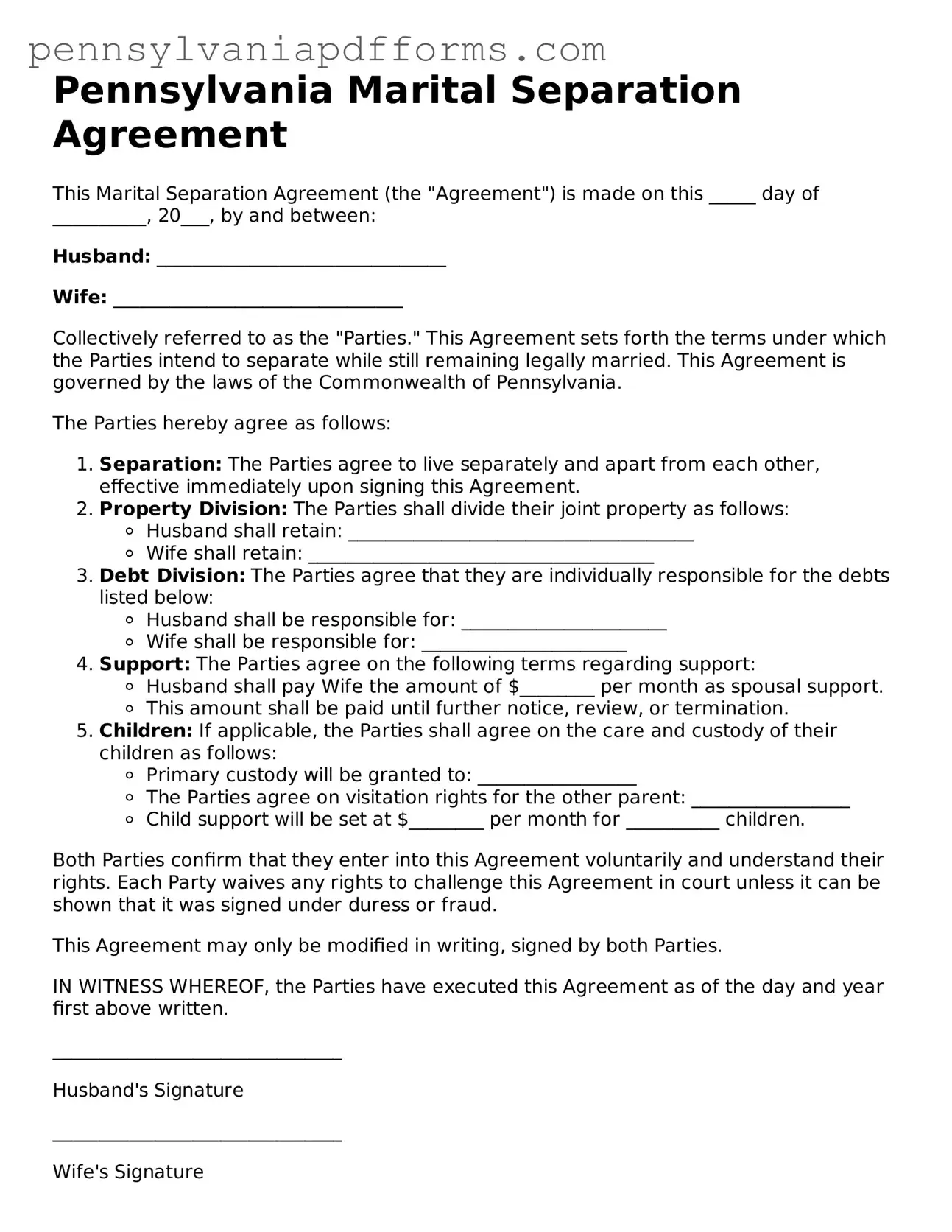 Fillable Marital Separation Agreement Document for Pennsylvania State
