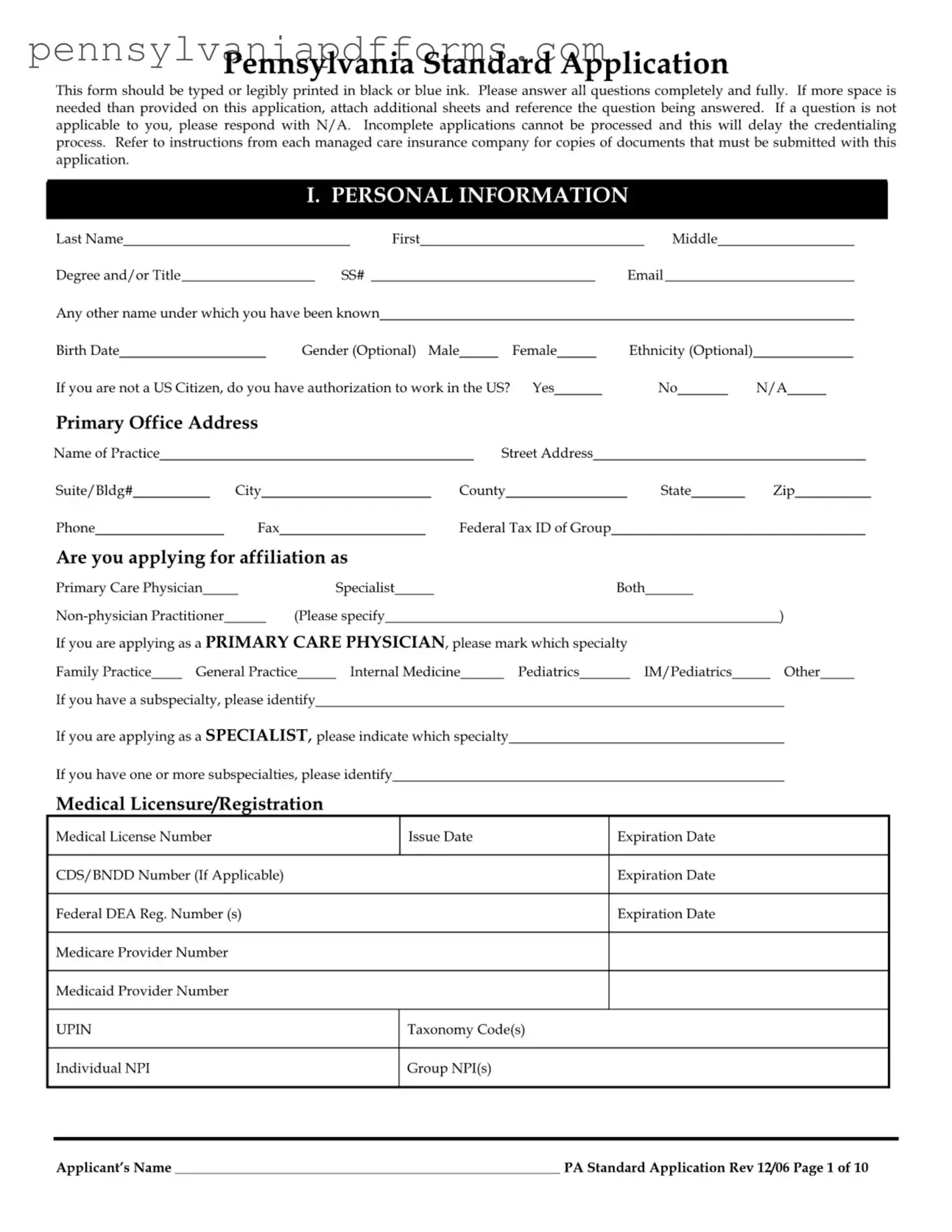 Pennsylvania Standard Application Form