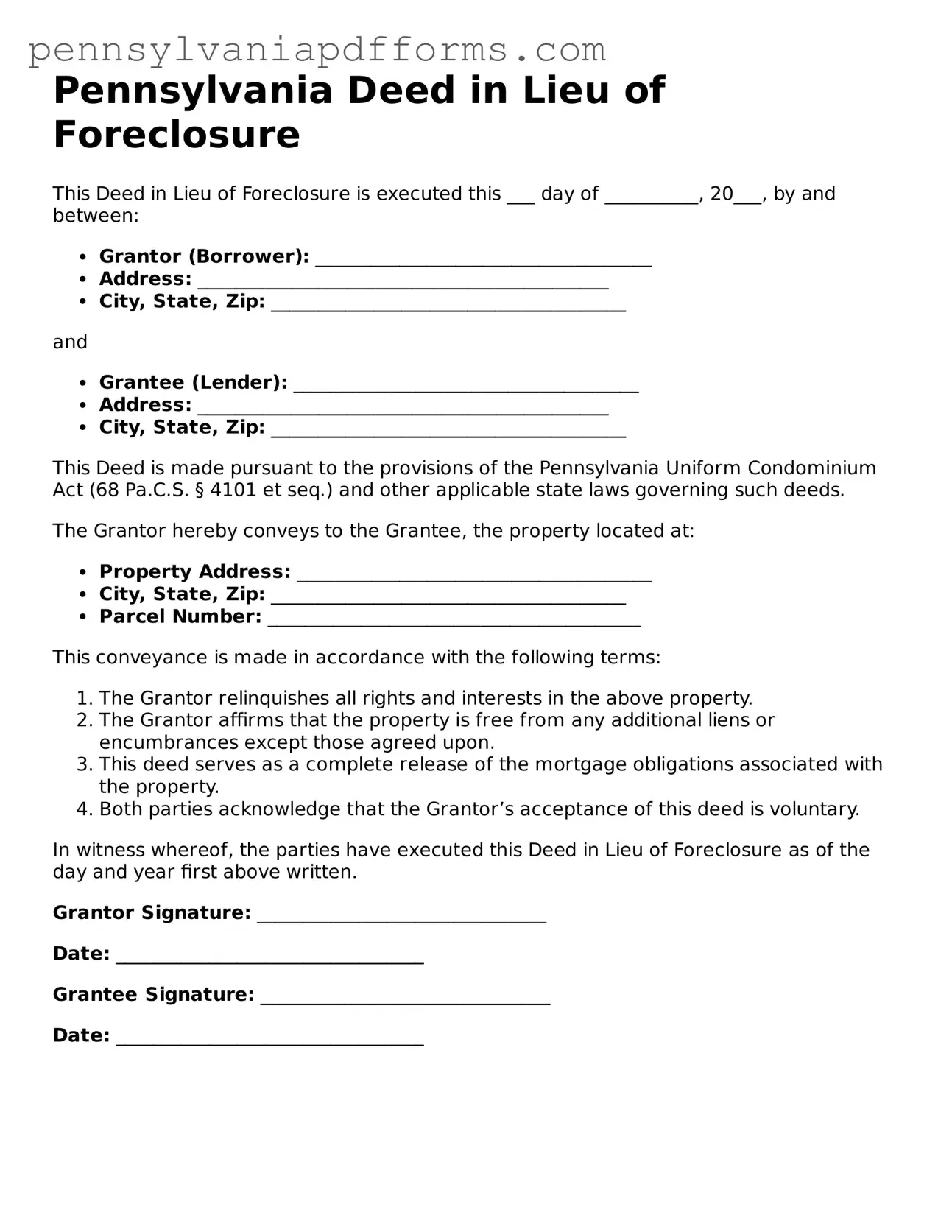 Fillable Deed in Lieu of Foreclosure Document for Pennsylvania State